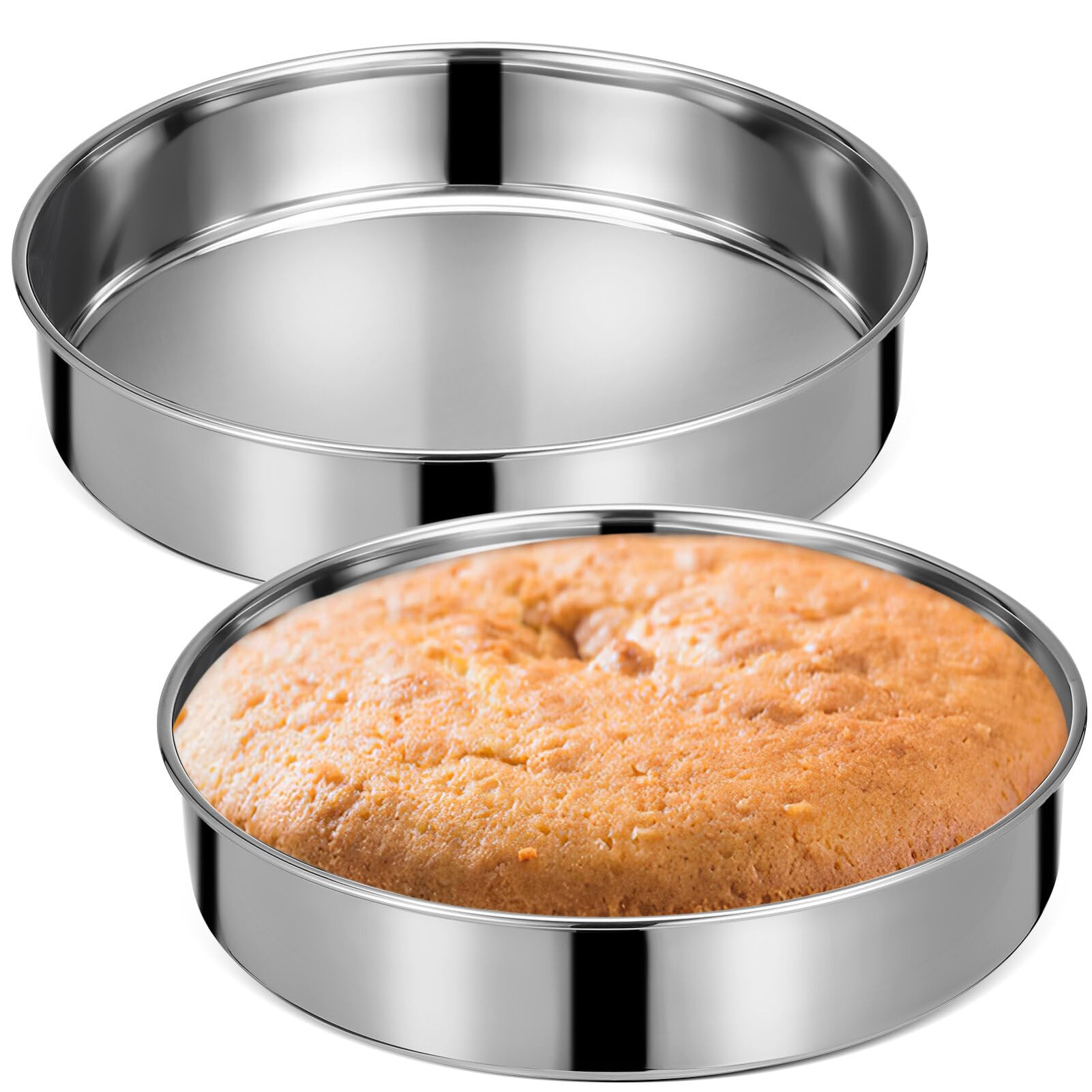 Zerodeko 2pack 9.60 inch Stainless Steel Round Cake Pans Flat Base Cake Baking Pan for Even Heating Steaming Serving Cakes Pies