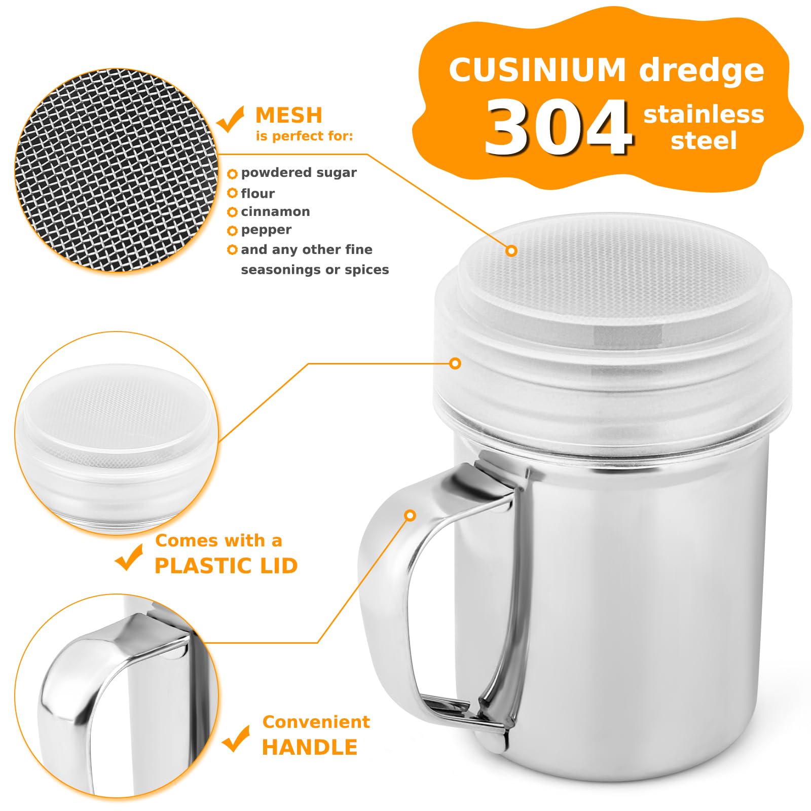 Accmor 2Pcs Powdered Sugar Shaker Duster With Handle, Cinnamon Shaker Flour Sifter, 7Oz Stainless Steel Fine Mesh Dredges Shaker