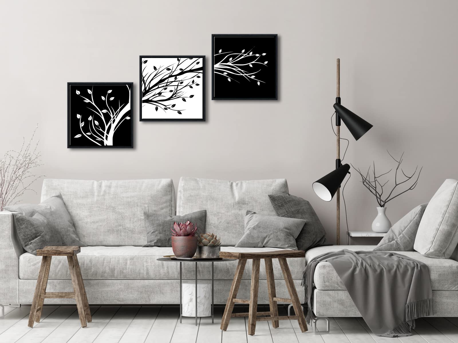 Wieco Art Framed Leaves Modern 3 Panels Flowers Artwork Canvas Prints Black And White Abstract Floral Trees Pictures Paintings O