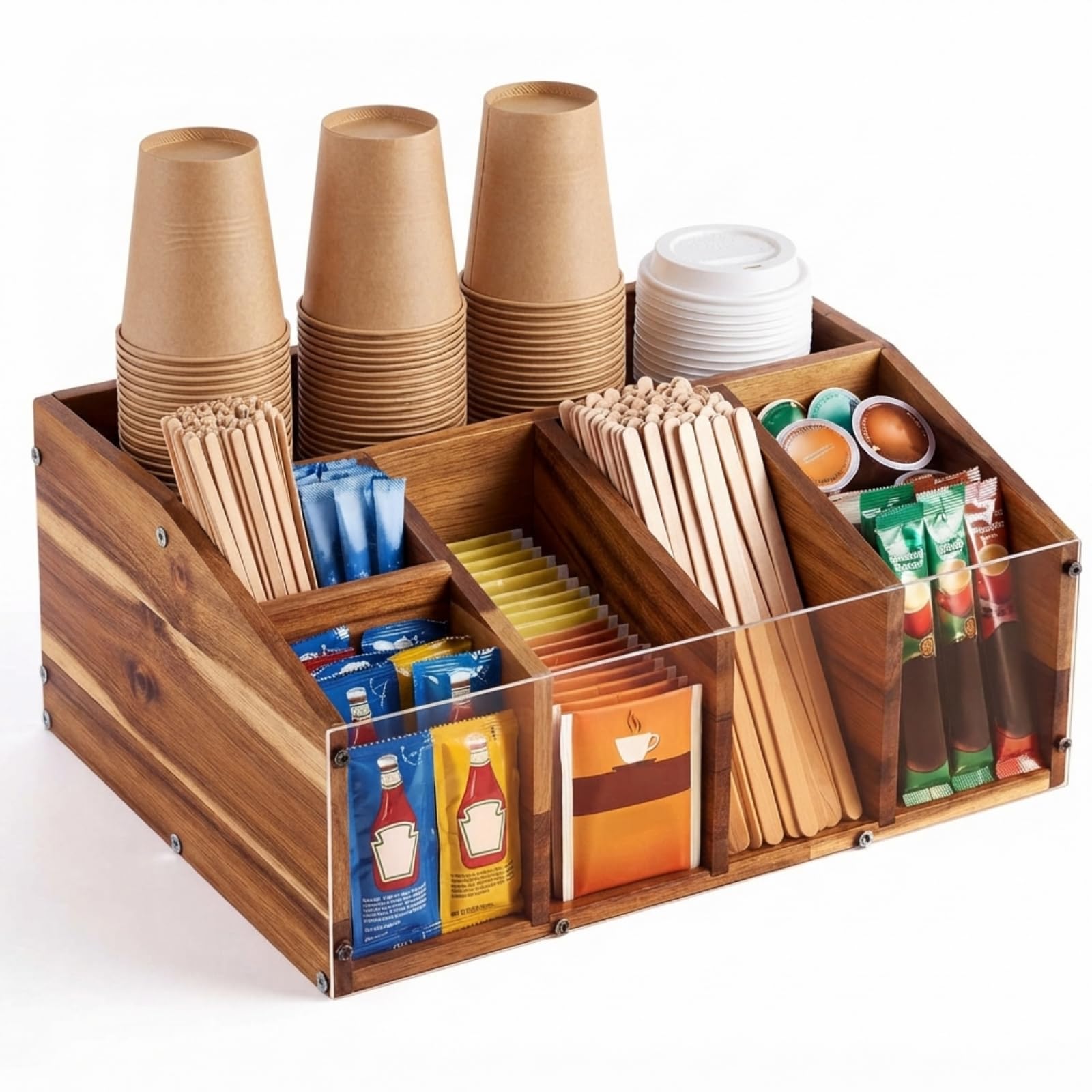 Acacia Wood Coffee Station Organizer for Countertop, 6 Compartments