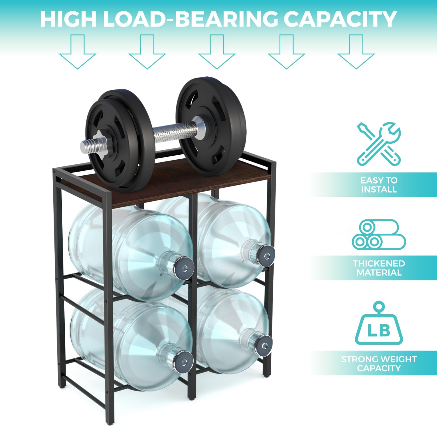 5 Gallon Water Jug Holder For 4 Bottles With Rustic Brown Wood Top Shelf, 5 Gallon Water Jug Stand, 5 Gallon Water Bottle Holder