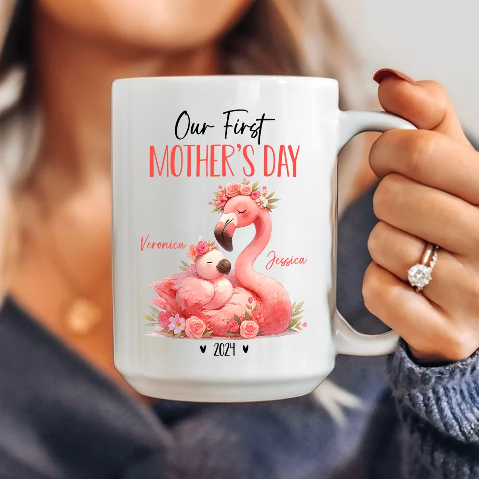 Pink Flamingo Mug For Animal Lovers, Personalized Mom And Baby Flamingo Ceramic Mug, Mother Flamingo & Baby Coffee Cup, Our Firs
