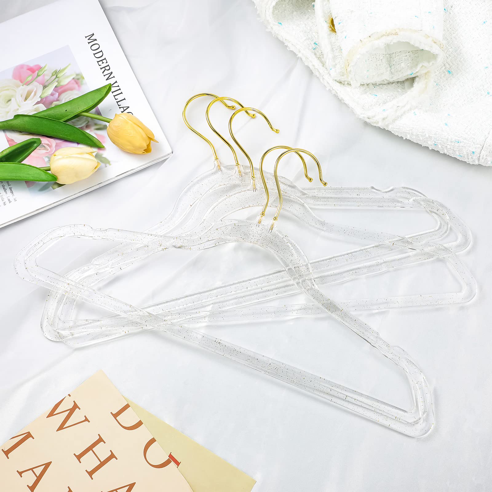 20 Pcs Clear Acrylic Hangers Plastic Glitter Coat Hanger Non Slip Space Saving Suit Hangers Heavy Duty Clothes Hanger with Non Slip Notches (Gold)