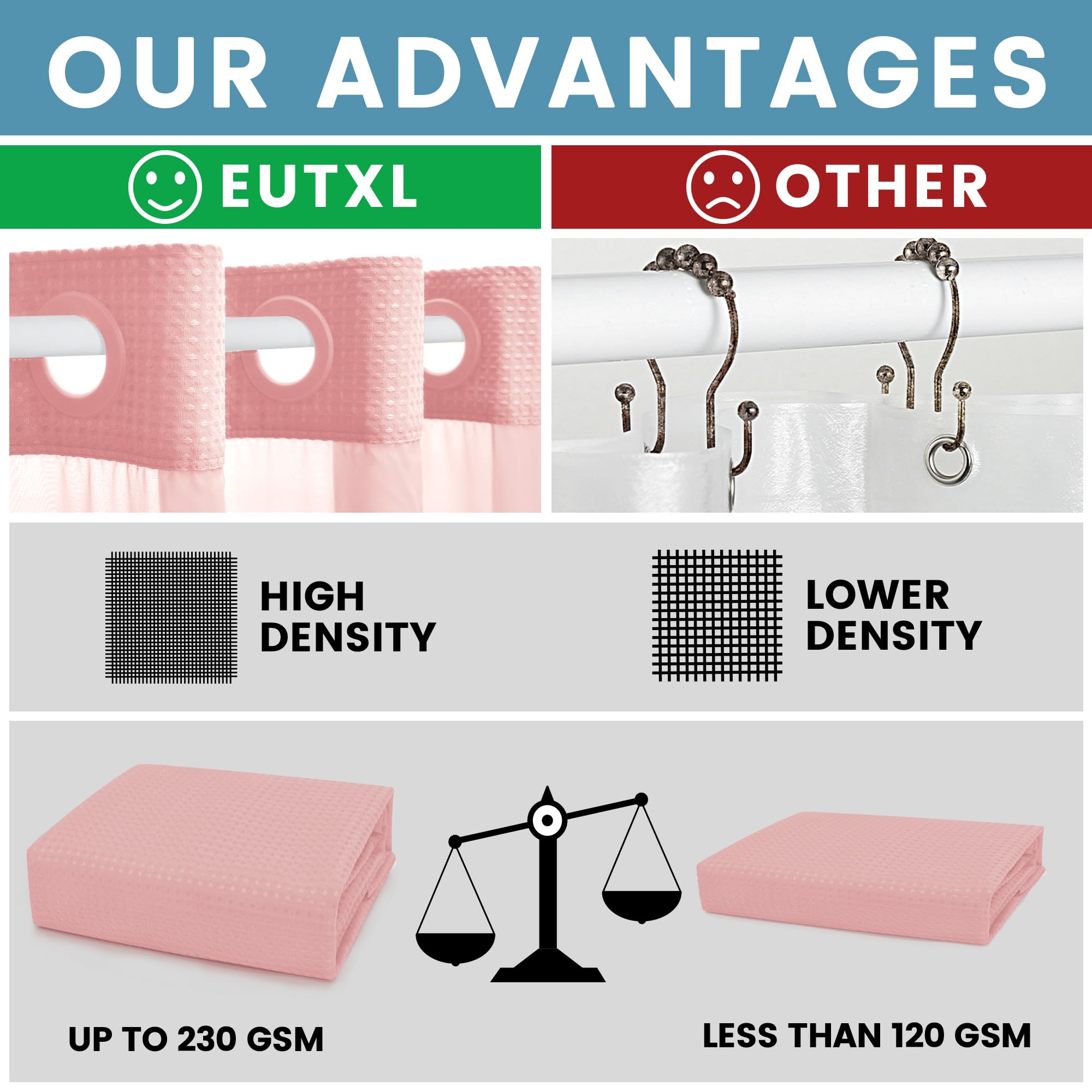 Eutxl Pink Shower Curtain With Liner - 230Gsm Waffle Textured Heavy Duty Shower Curtains For Bathroom,71W X 74H