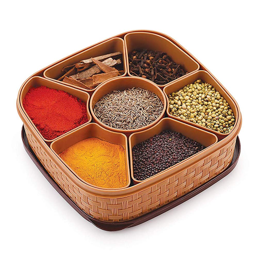 Curify Plastic Square 7 Sections Multipurpose Masala Rangoli Dabba Box Set, Spice Box | Spices Storage Container  Brown (Masala