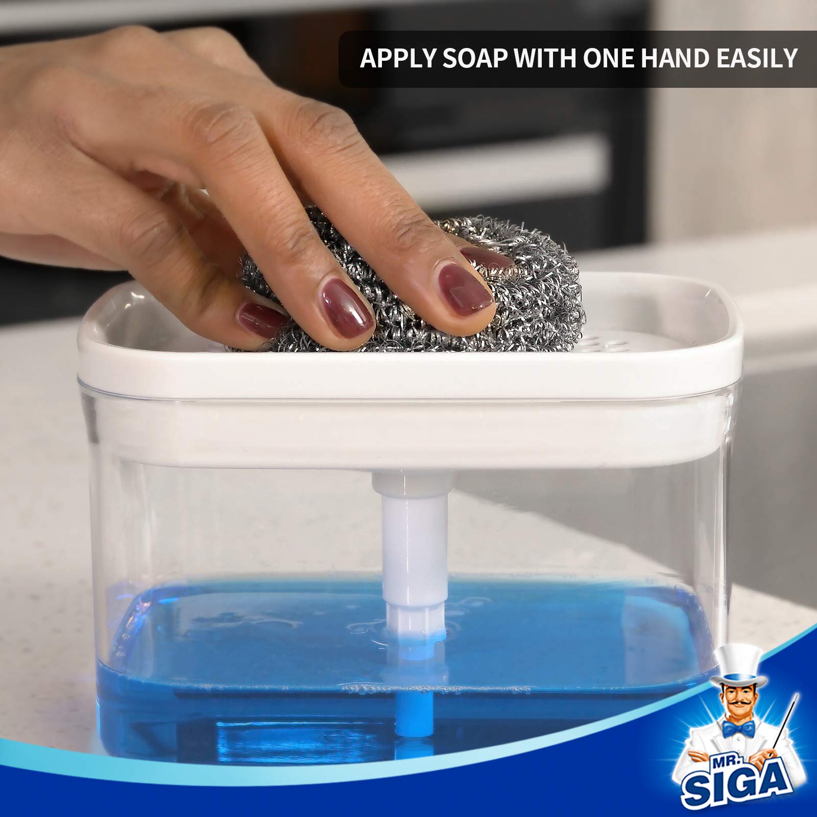 MR.SIGA 2 in 1 Premium Soap Dispenser & Sponge Holder, White, 14.6x10x10cm, Model SJ21778 for Kitchen Countertop