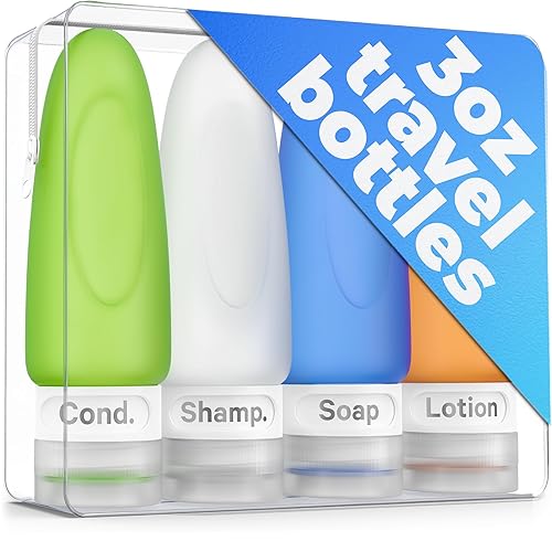 Dot&Dot Leak Proof Travel Bottles for Toiletries - 4 Pack Silicone Travel Toiletry Bottles - 3oz Shampoo and Conditioner Travel Bottle with TSA Quart Bag - 3 oz Travel Bottles with Labels