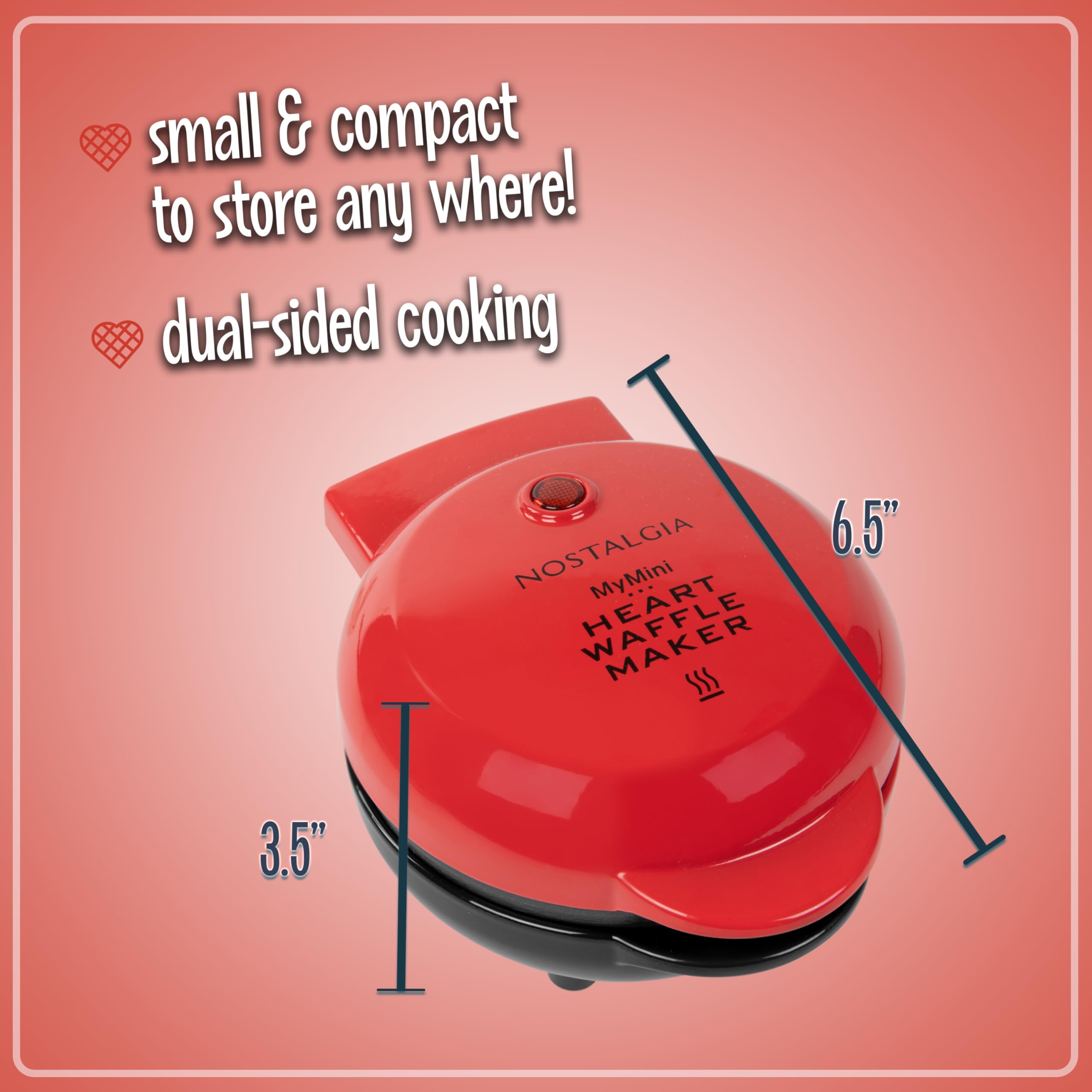 Nostalgia Mymini Personal Electric Heart Waffle Maker, 5-Inch Cooking Surface, Waffle Iron For Hash Browns, French Toast, Grille