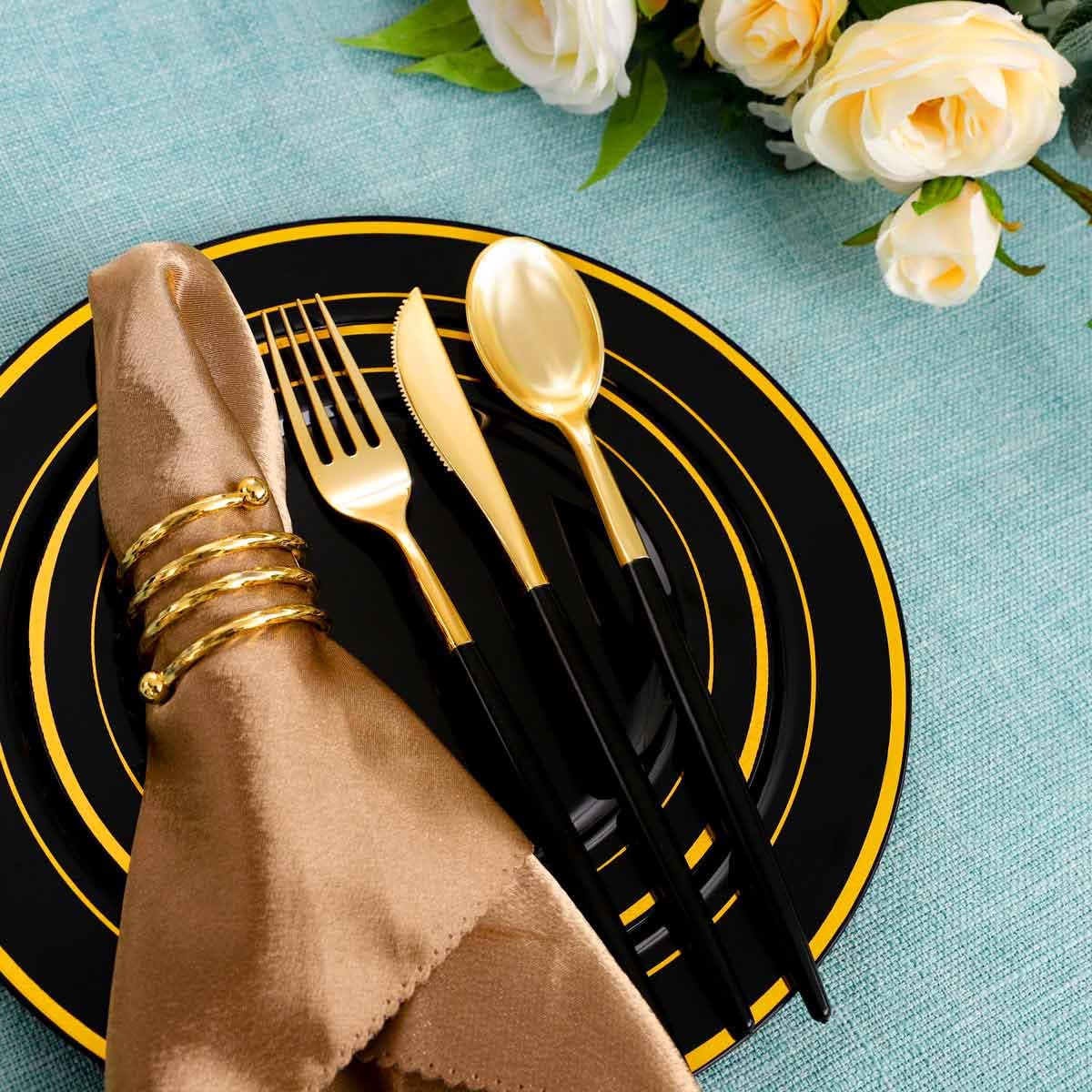 Rubtlamp 96 Pcs Gold Disposable Silverware, Gold Plastic Cutlery, Gold Utensils Plastic With Black Handle Include 32Forks, 32Spo