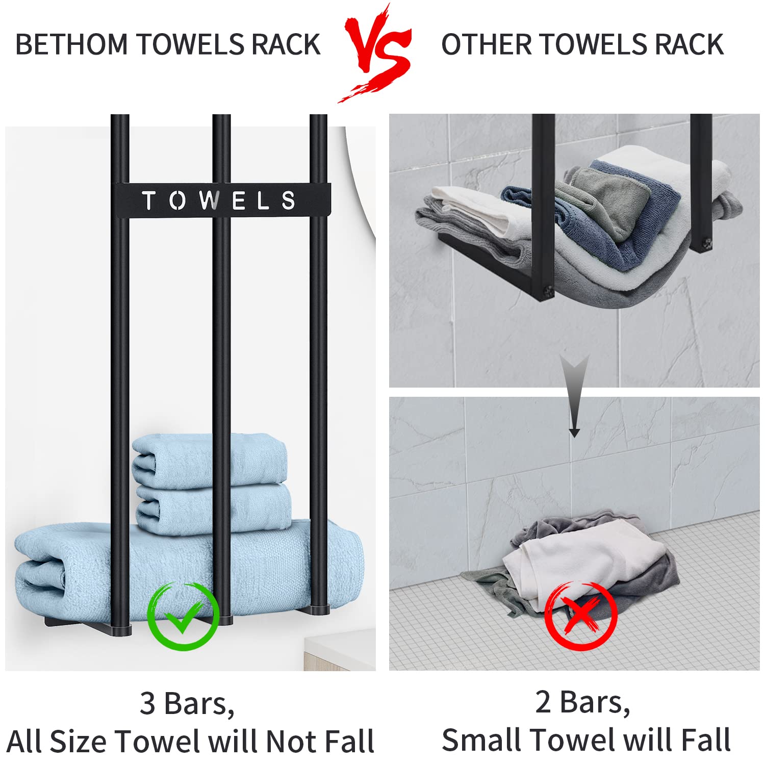Bethom Bathroom Towel Rack, 3-Bar Metal Wall Storage for Rolled Towels, Holds 6 Bath Towels, Black, Model BE22203-WTR-B
