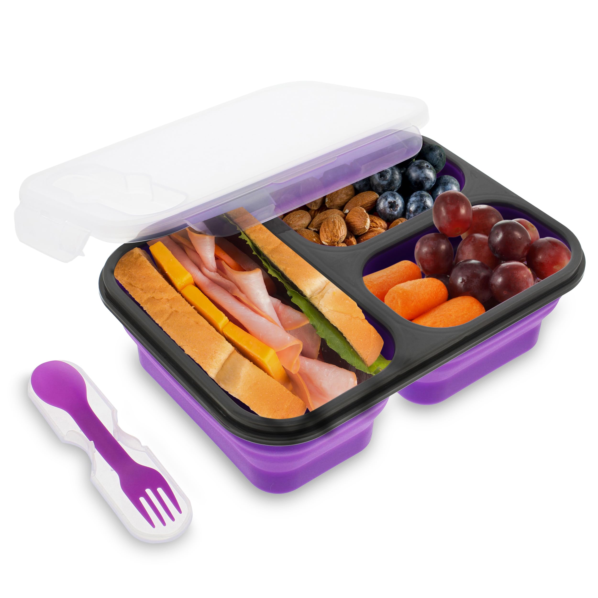 Creekview Home Emporium Collapsible Food Container - Purple Bento Lunch Box With 3 Compartments And Silverware In Lid