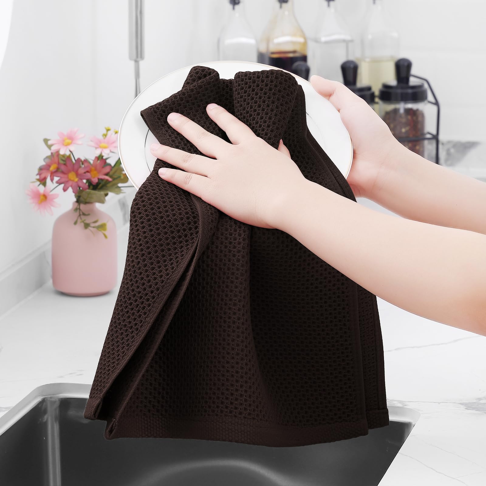 Homaxy 100% Cotton Waffle Weave Kitchen Dish Towels, Ultra Soft Absorbent Quick Drying Cleaning Towel, 13 x 28 Inches, 4-Pack, D
