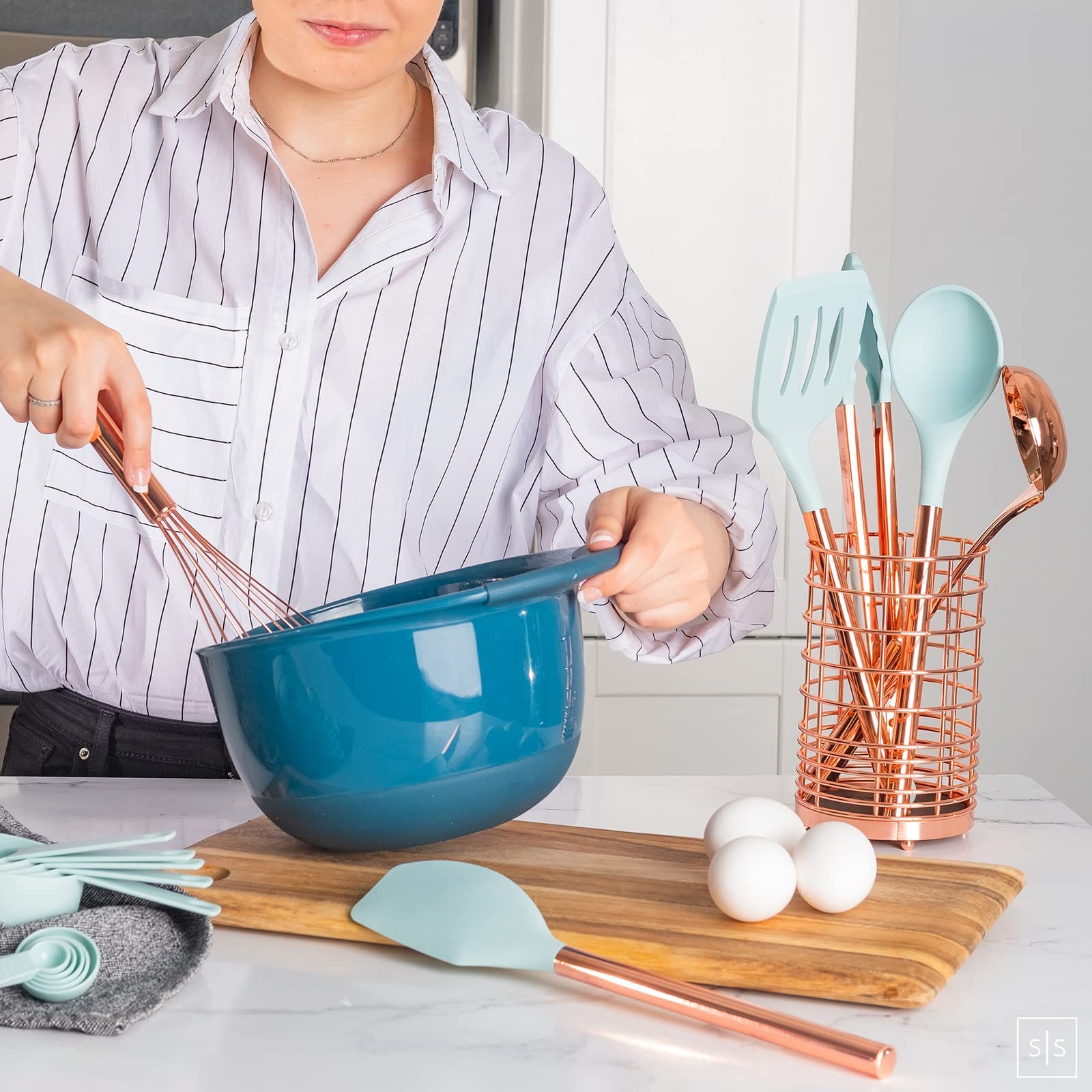 Copper And Teal Kitchen Utensils -17 Pc Copper Kitchen Utensils Set Includes Copper Utensil Holder & Teal Blue And Rose Gold Mea