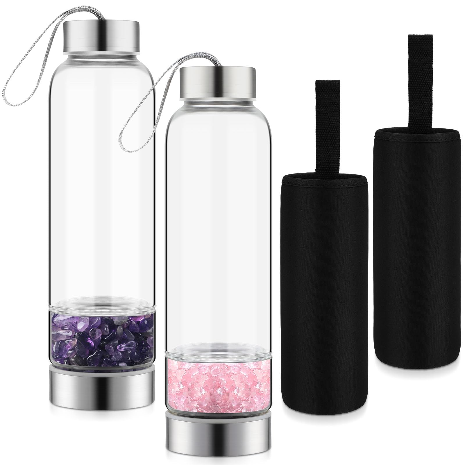 meekoo 2 Pieces Crystal Glass Water Bottle with Gemstone Center Natural Amethyst and Rose Quartz Clear Water Bottle Quartz Cryst