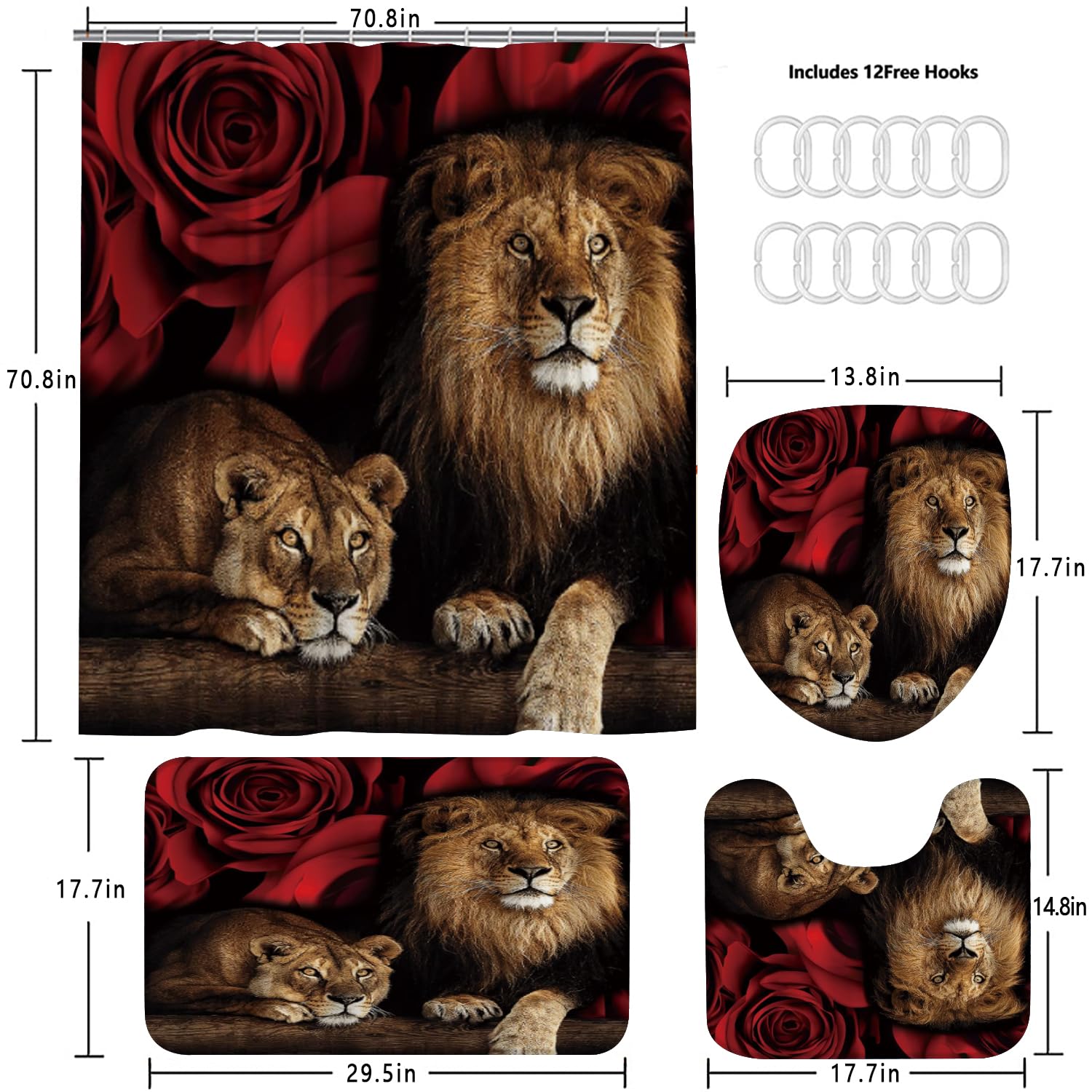 Jieprom 4Pcs Red Rose And Lion Shower Curtain Bathroom Set With Rugs, Toilet Lid Cover And Bath Mat, Red Shower Curtain With 12