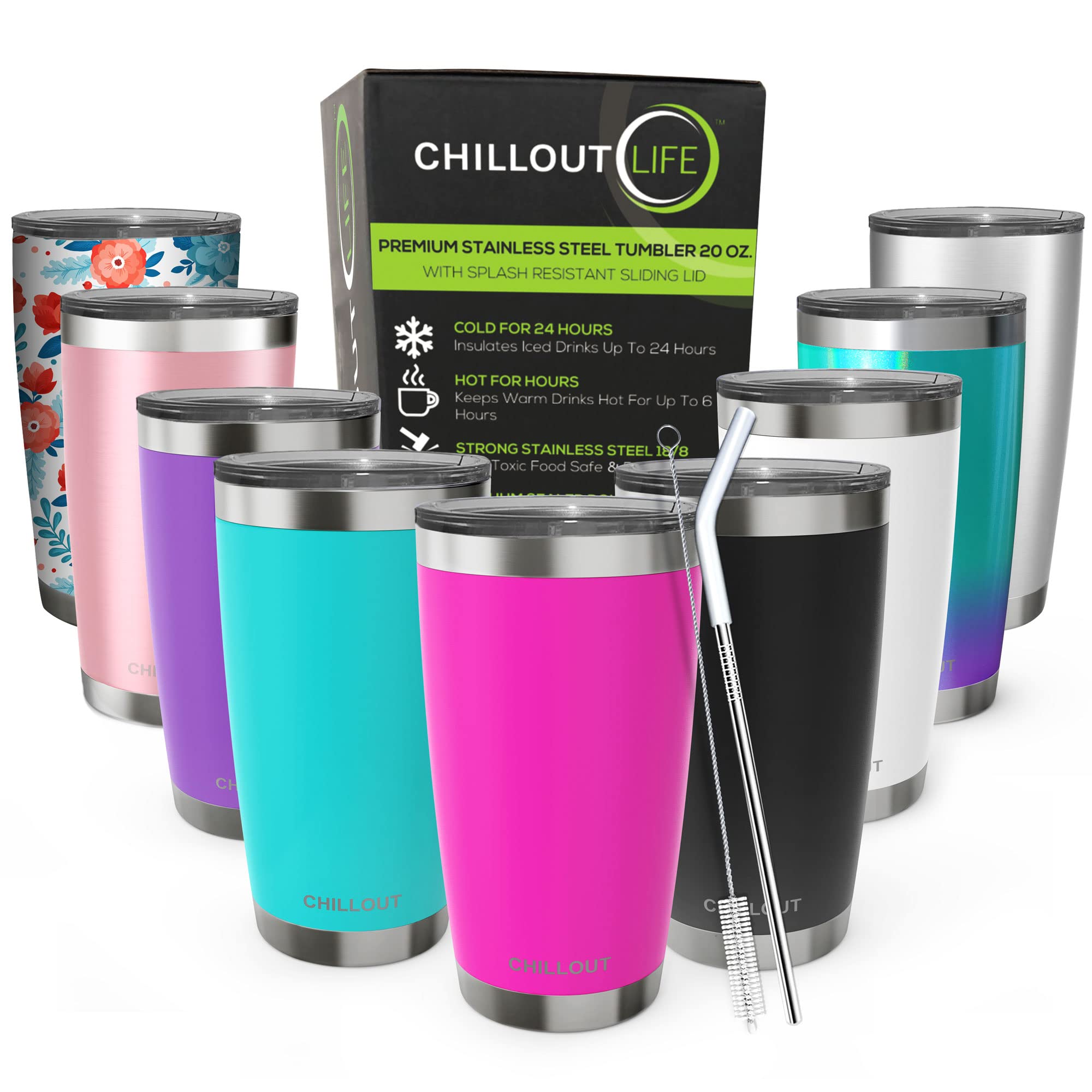 Chillout Life 20 Oz Stainless Steel Tumbler With Lid - Double Wall Vacuum Insulated Coffee Mug With Splash Proof Lid And Straw F