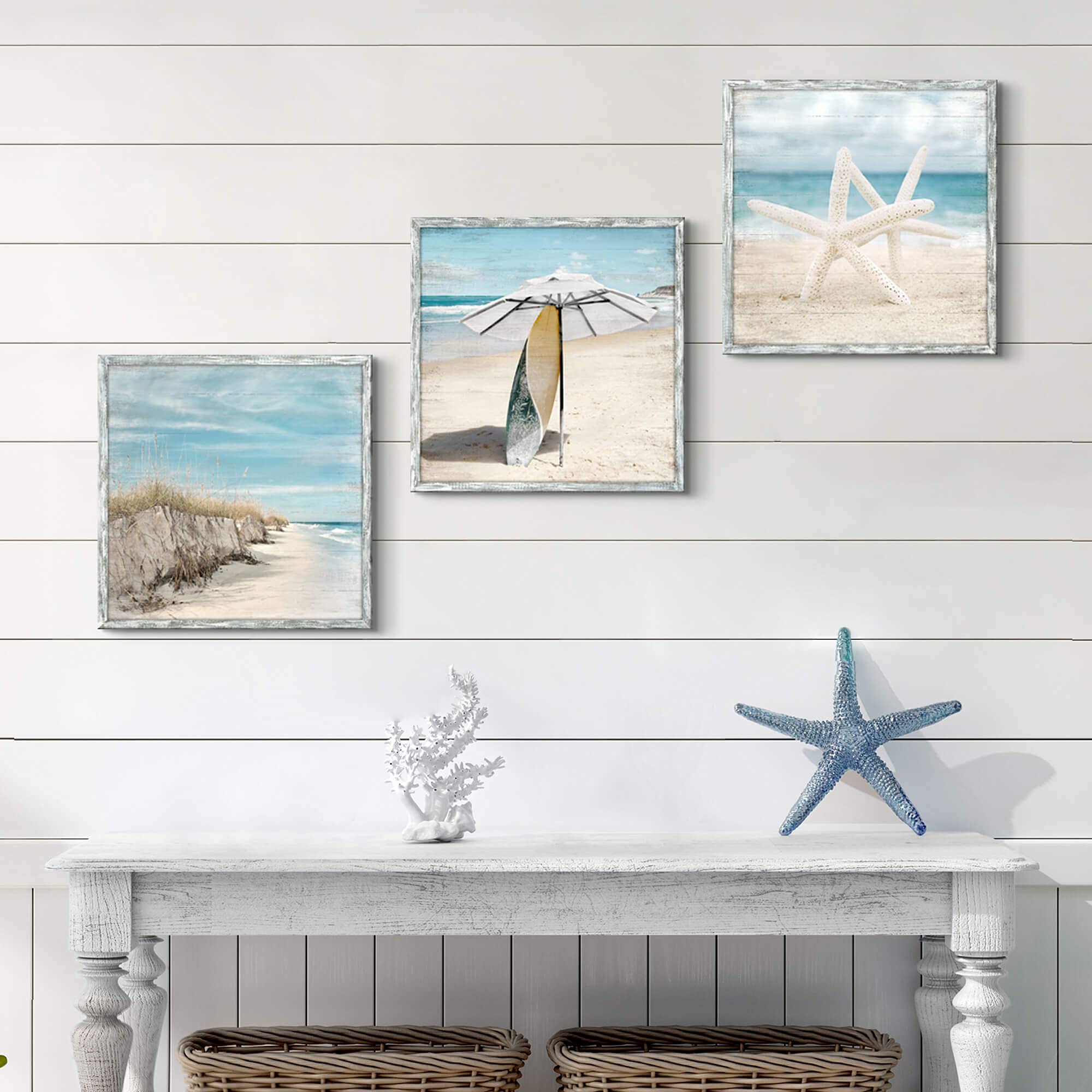 Beach Pictures Wooden Wall Art: Ocean Artwork Home Decor Set Of 3 Seascape Pathway Surfboard Starfish Collection Prints For Bedr