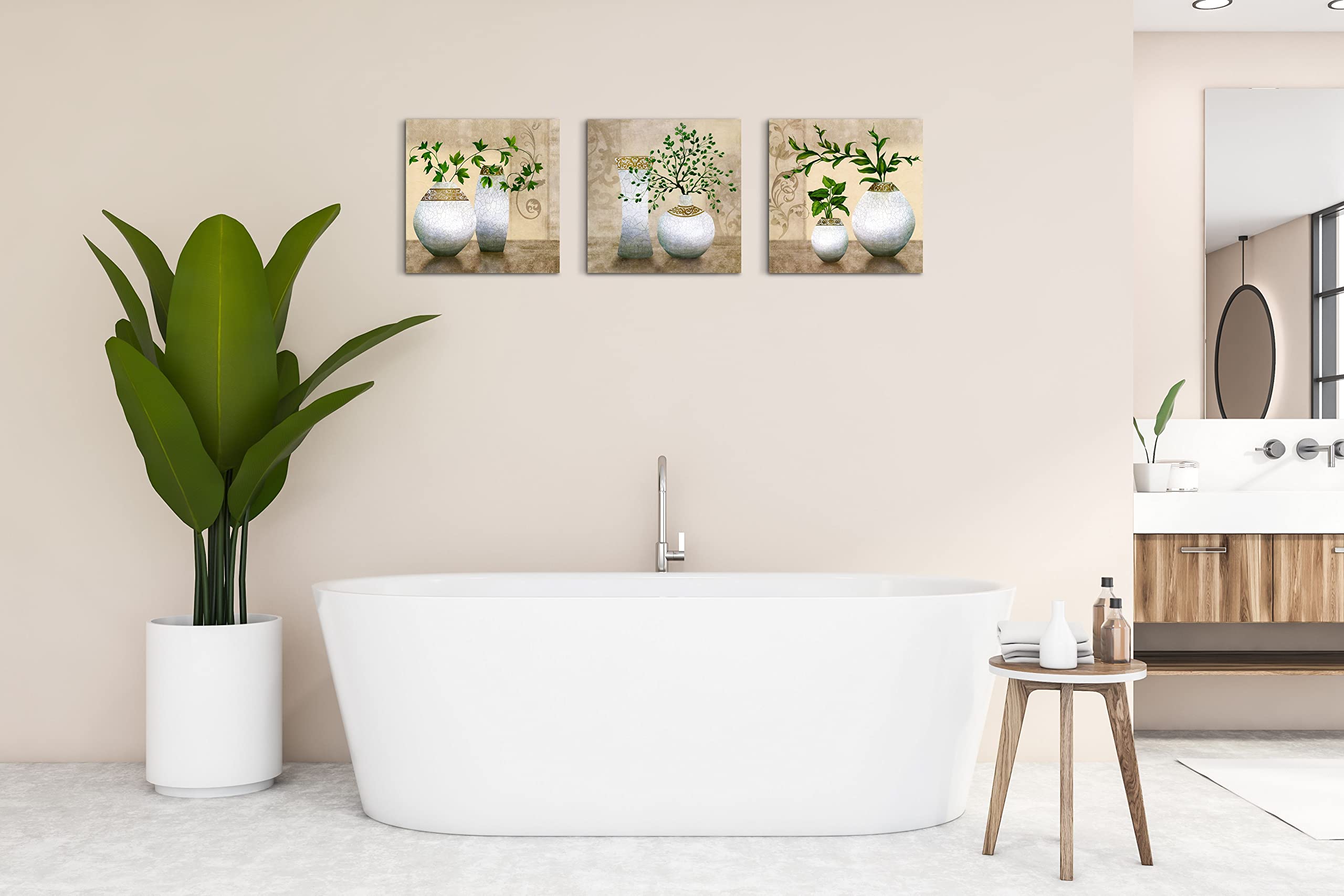 3 Piece Wall Art For Bathroom/Hallway, Sz Hd Elegant Canvas Painting Prints Of Green Spring Plants In Vases On Beige/Tan Picture