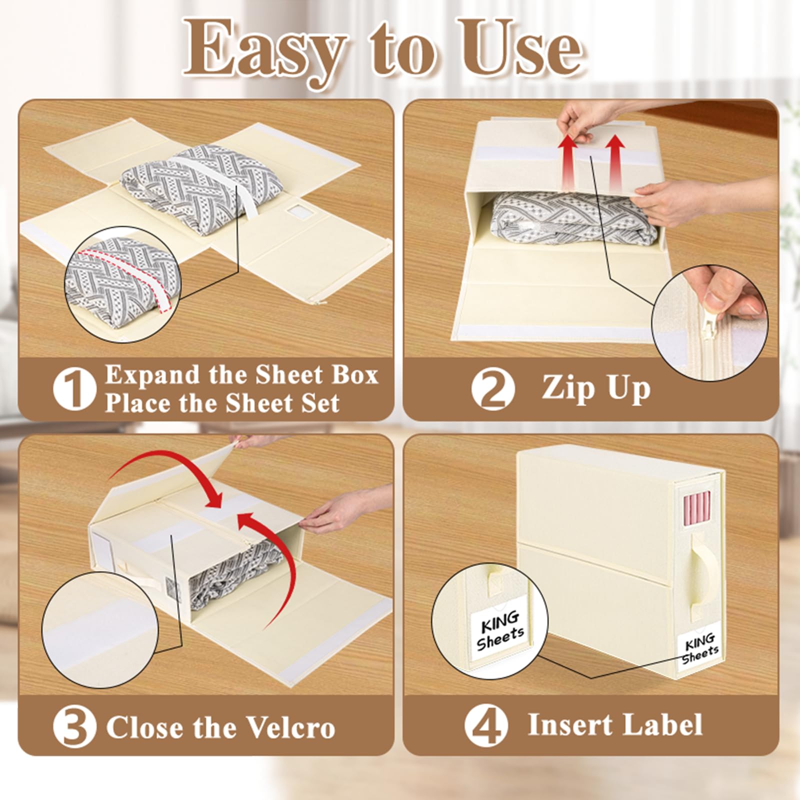 BUFOR Sheet Organizer for Lien Closet, Foldable Bed Sheet Organizers and Storage, (Queen & King Size) Sheet Storage Box (Beige,