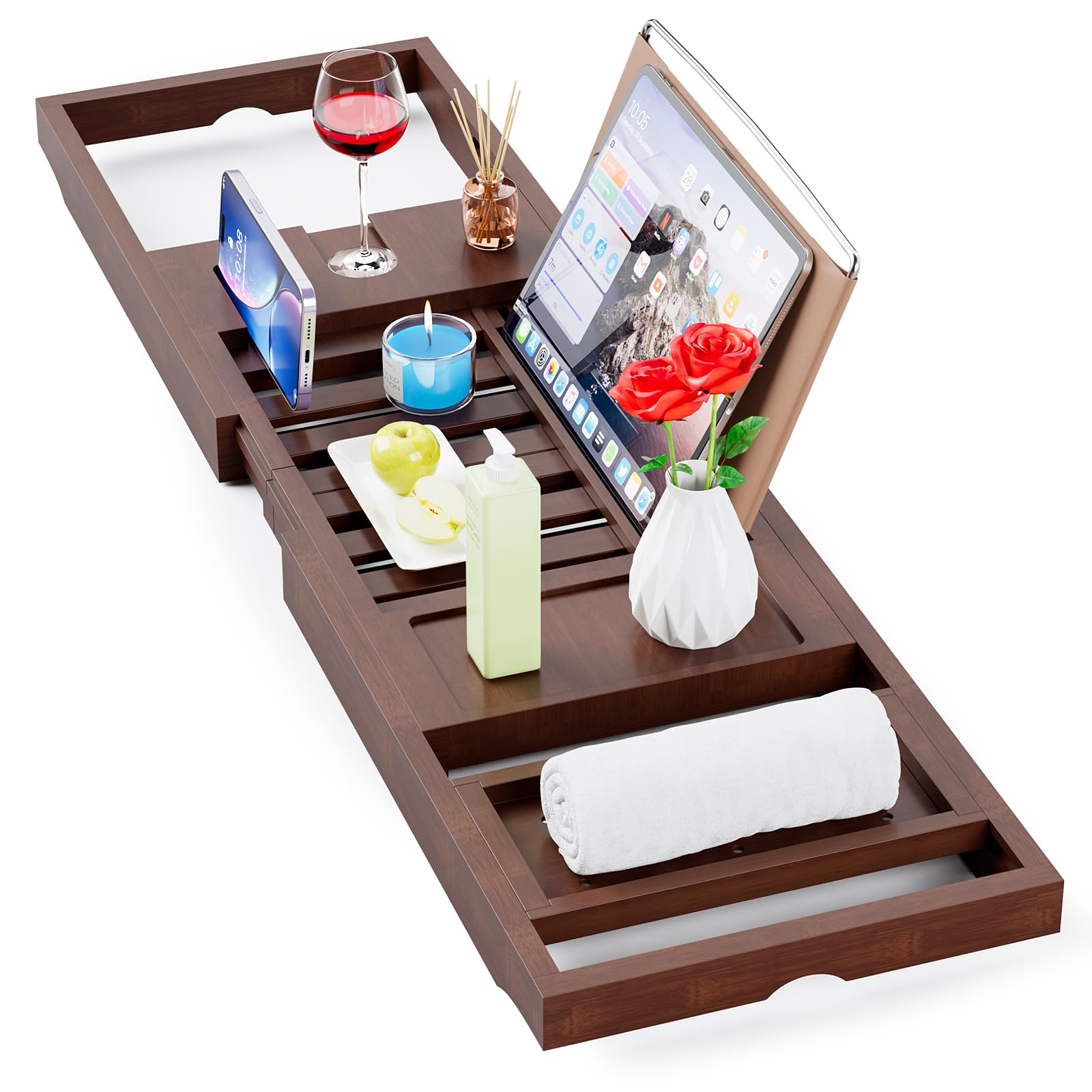 Yirilan Bamboo Bathtub Tray Caddy, 1 Or 2 Person Expandable Wooden Bathroom Tray, Luxury Bamboo Bathtub Tray Expandable, Bath Tu