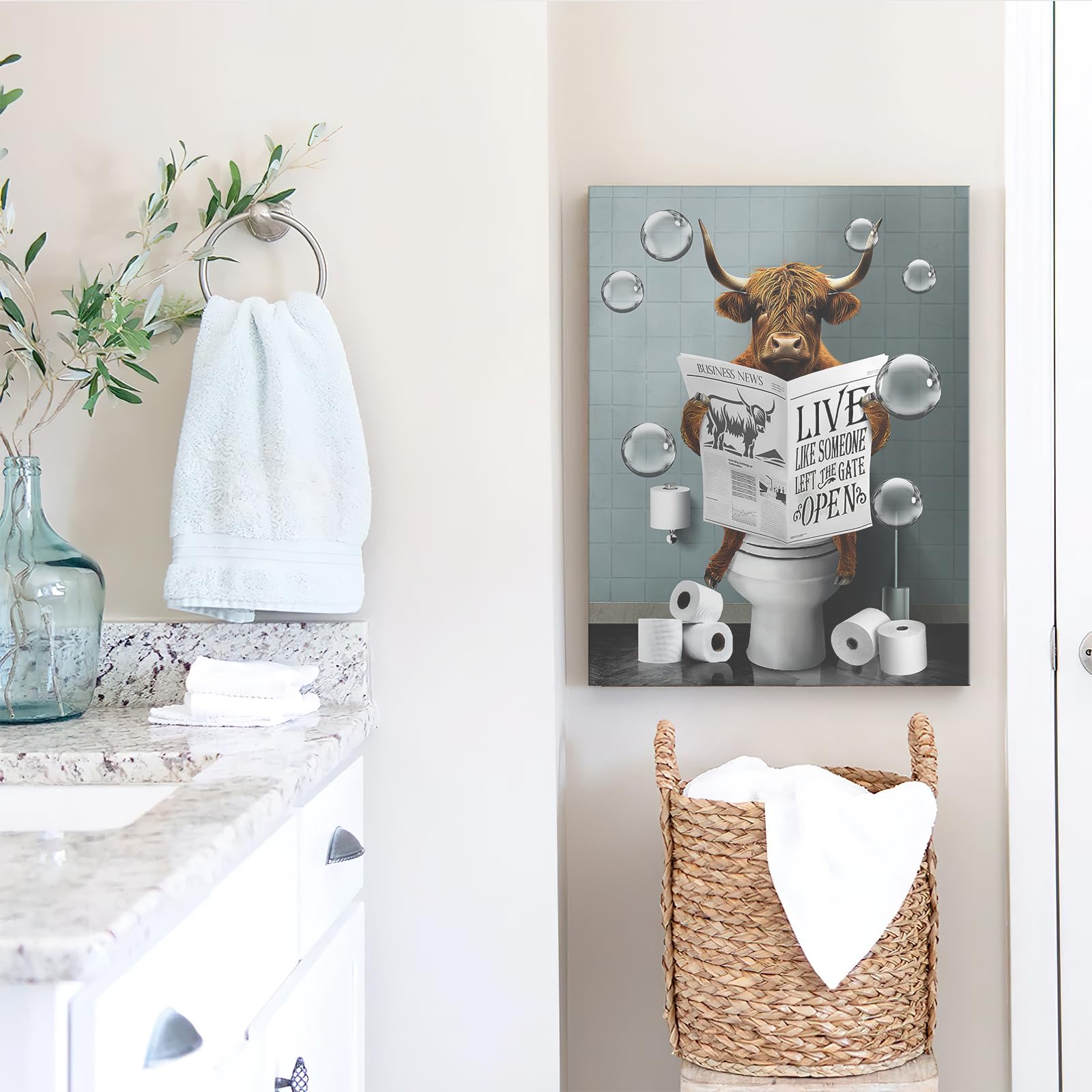 Funny Highland Cow In Toilet Wall Art Bathroom Pictures Wall Decor Farmhouse Bathroom Cow Painting For Toilet Bathroom Animals A