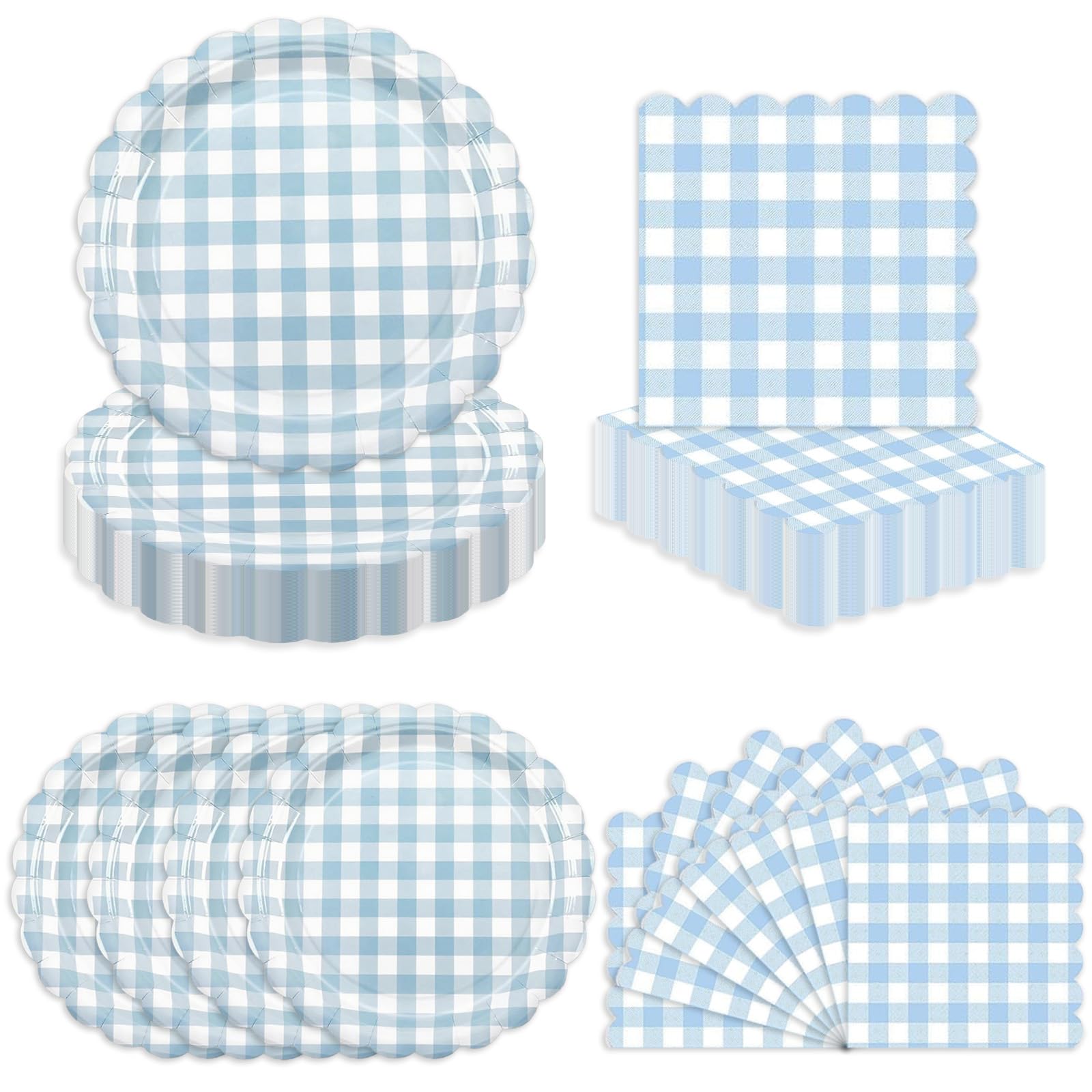 50 Pcs Blue Gingham Paper Plates and Napkins for Boy or Girl Themed Party, 7 Light White and Blue Birthday Party Scalloped Desse