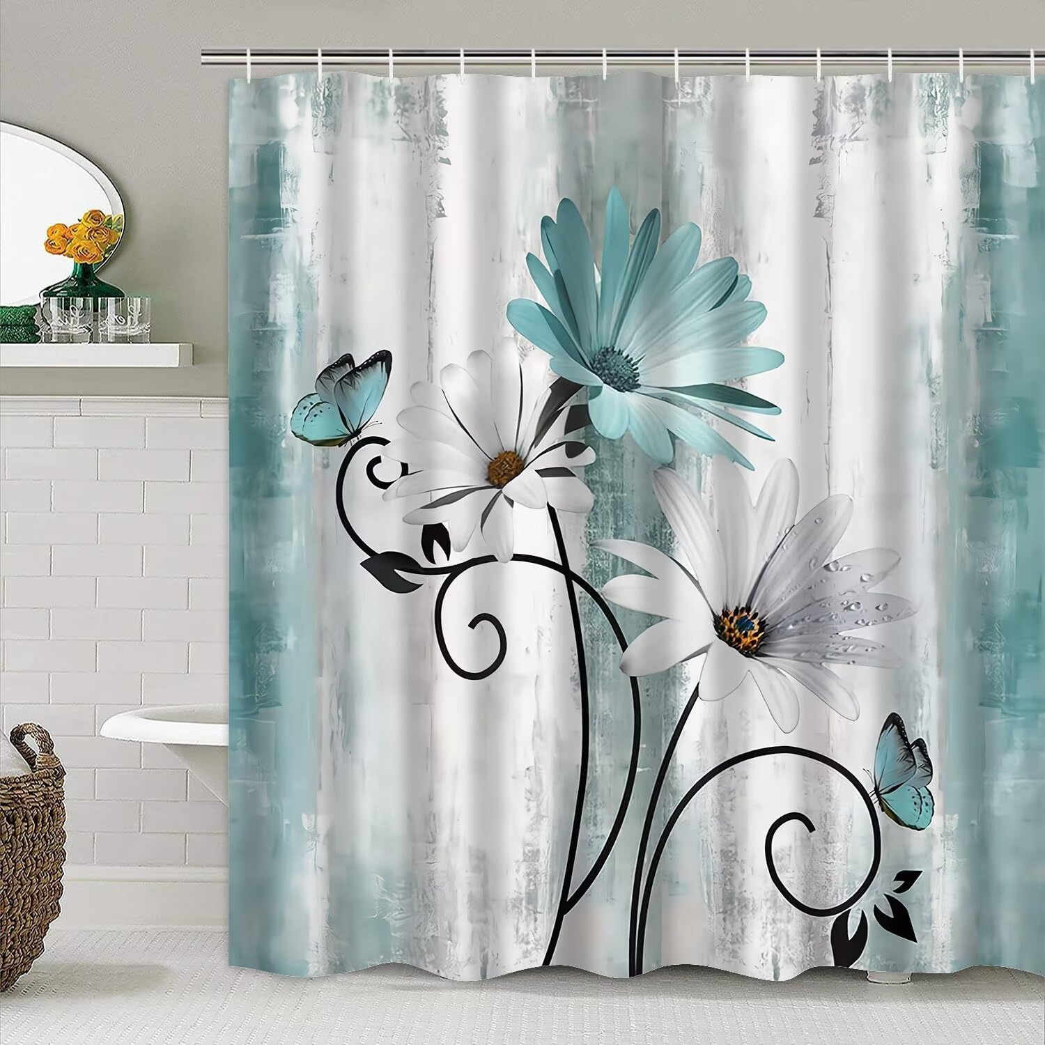 Azhm Rustic Farmhouse Shower Curtain Set 4Pcs Farm Teal Daisy Floral Bathroom Decor Set With Shower Curtain And Rugs And Accesso