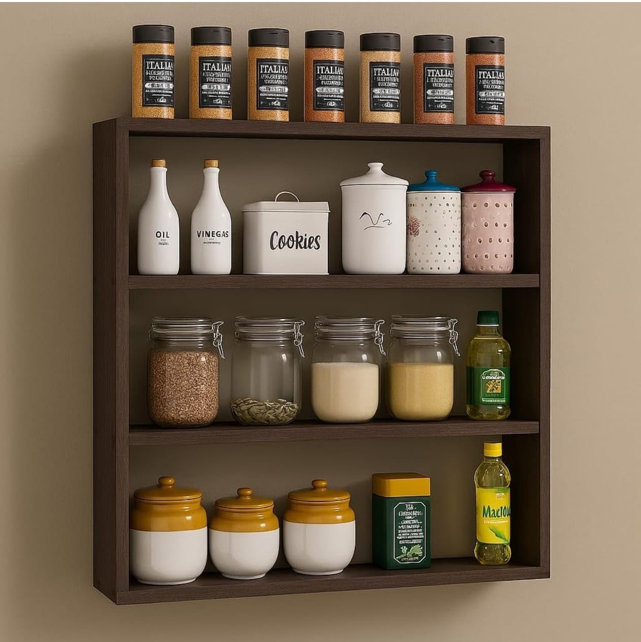 Rg & Sons Wall Mounted Wooden Kitchen Shelf Rack, 3Tier Spice And Storage Organiser, Dark Brown