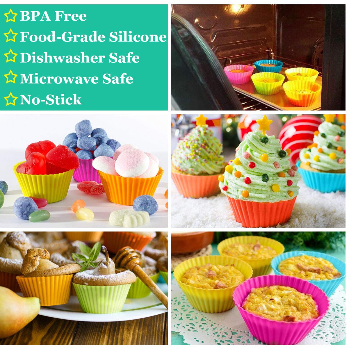Biaogan Extra Large Reusable Silicone Baking Cups,12 Pack Nonstick Muffin And Cupcake Liner,6 Rainbow Colors
