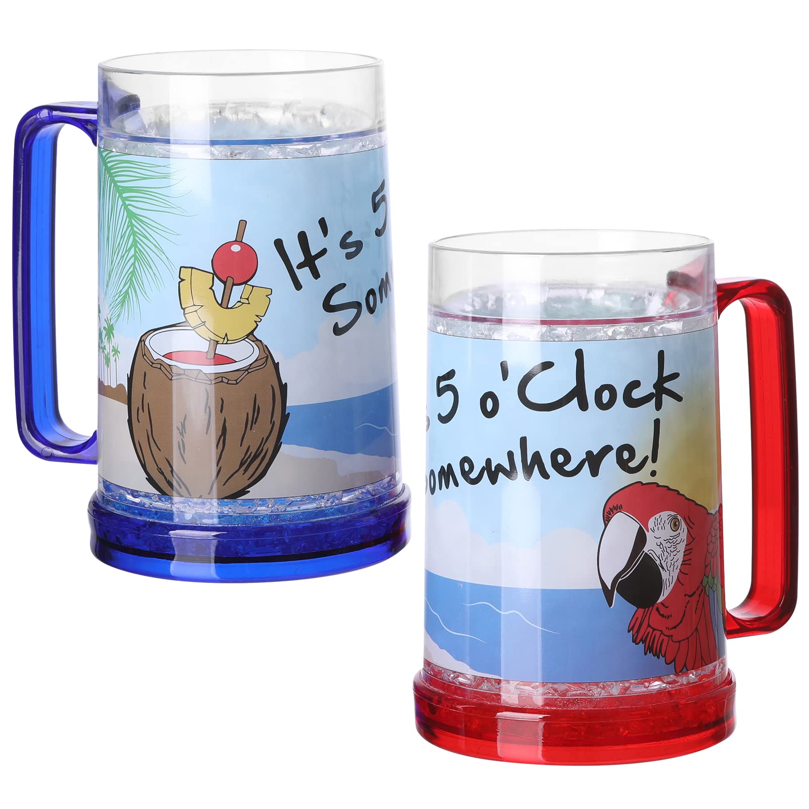 Easicozi It'S 5 O'Clock Somewhere Party Parrot Double Wall Gel Frosty Freezer Ice Mugs Clear 16Oz Set Of 2