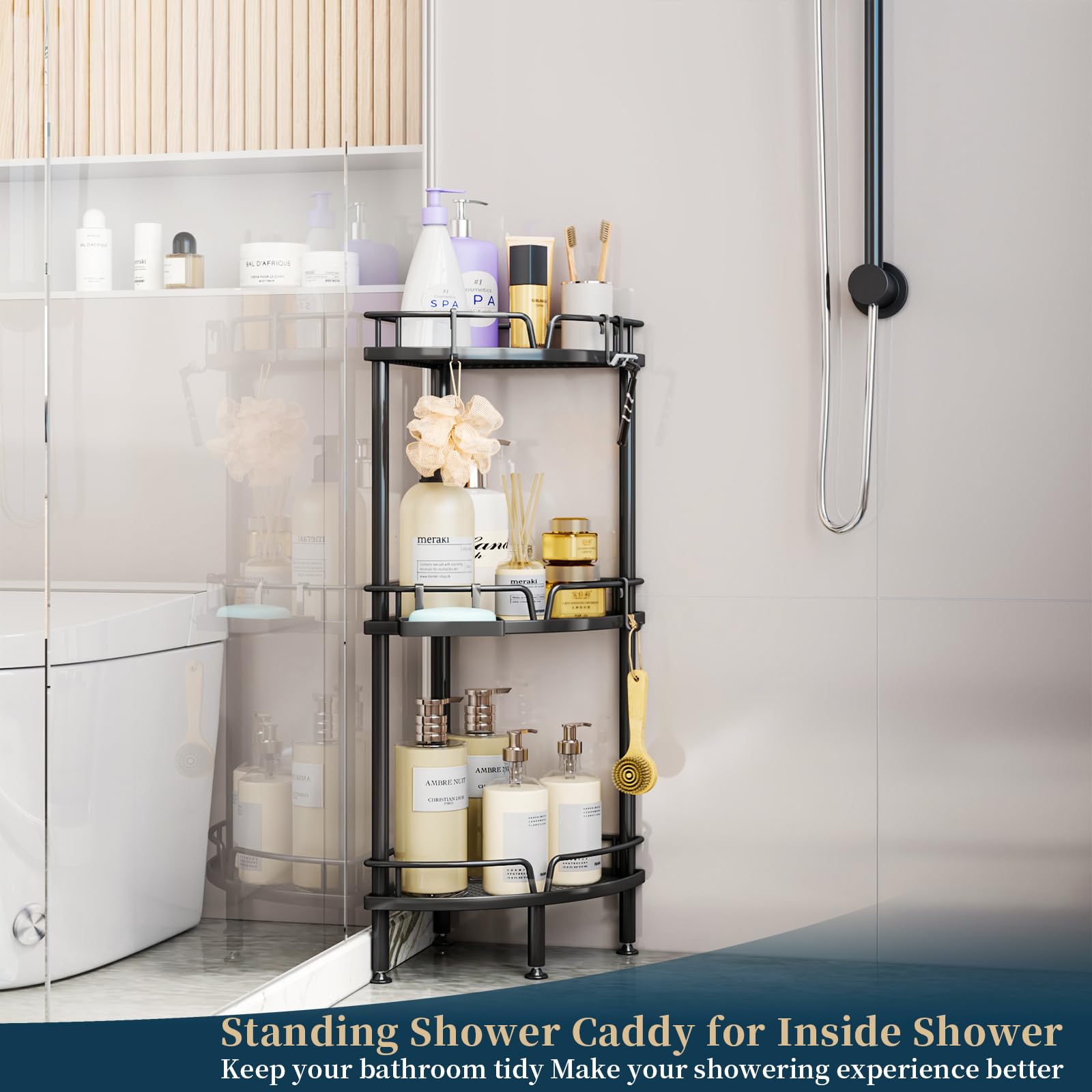 Consumest Corner Shower Caddy Stand - 3 Tier Shower Organizer With Soap Holder, Standing Tall Floor Shower Stand With Adjustable