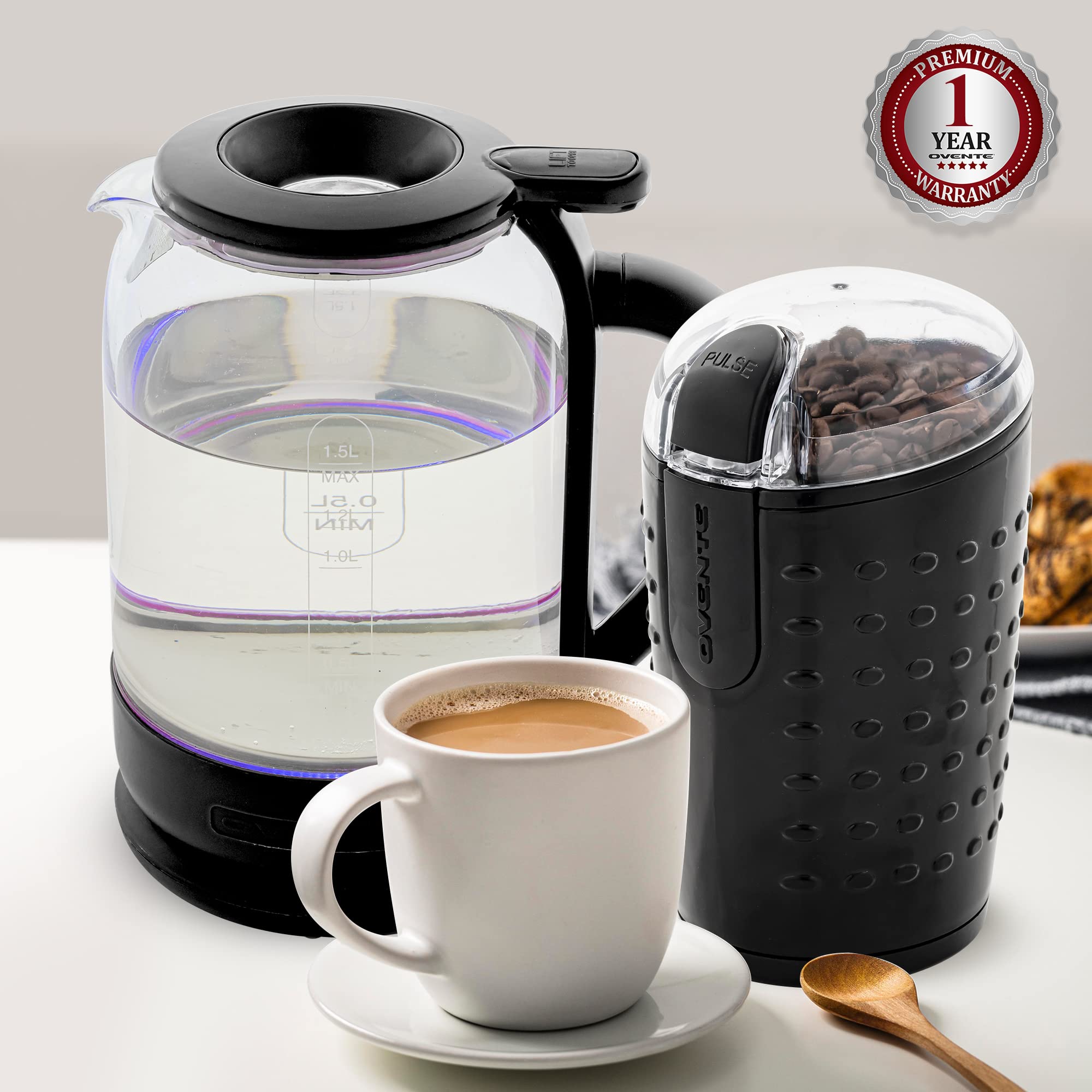 Ovente 2 In 1 Brew Set With Electric Glass Hot Water Kettle 1.5 Liter With Prontofill Technology + 2.5 Ounce Electric Grinder Fo