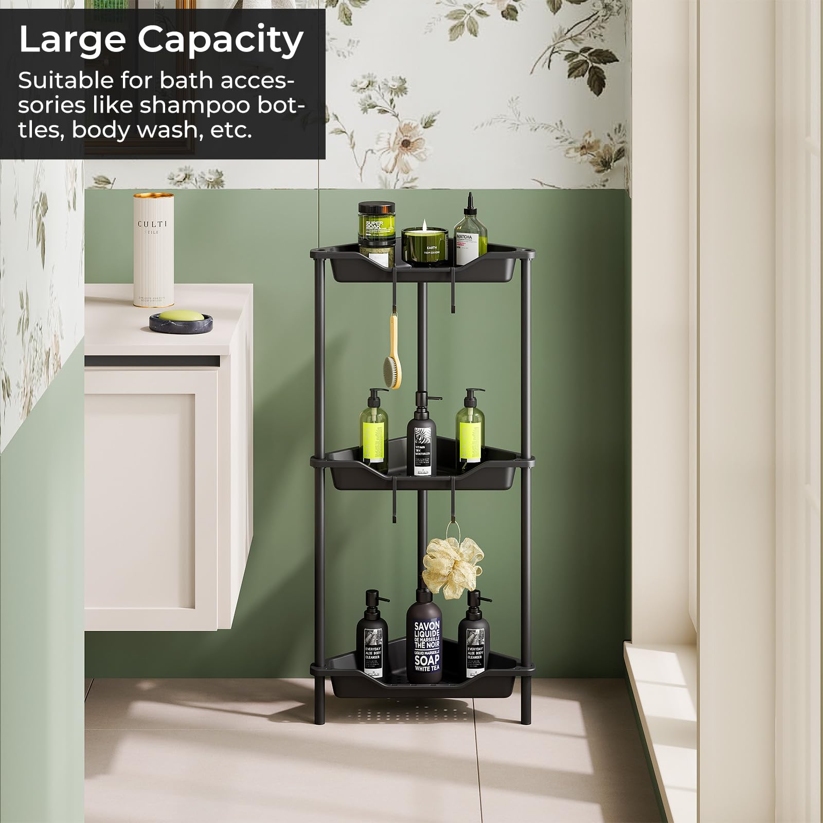 Odesign 3 Tier Floor Standing Corner Shower Caddy Organizer Plastic Metal Splicing Shelf Storage Rack For Bathroom Black - Rustp