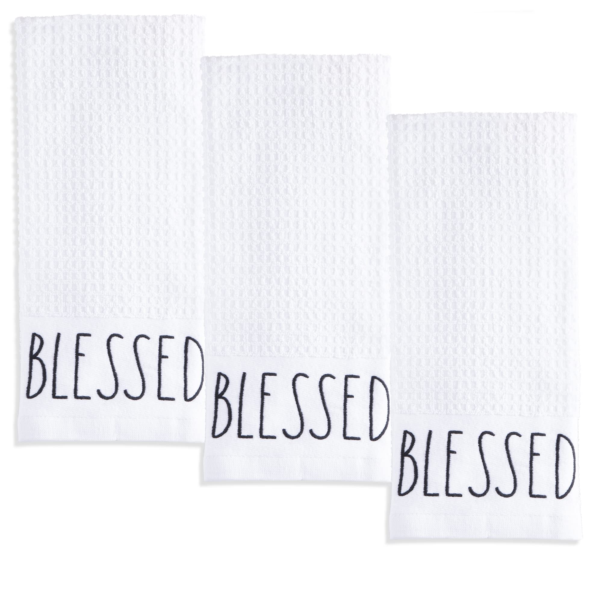 Rae Dunn Set Of 3 Hand Towels For Kitchen And Bathroom, 100% Cotton, Embroidered White Dish Towels Embroidered Blessed, 16 Inche