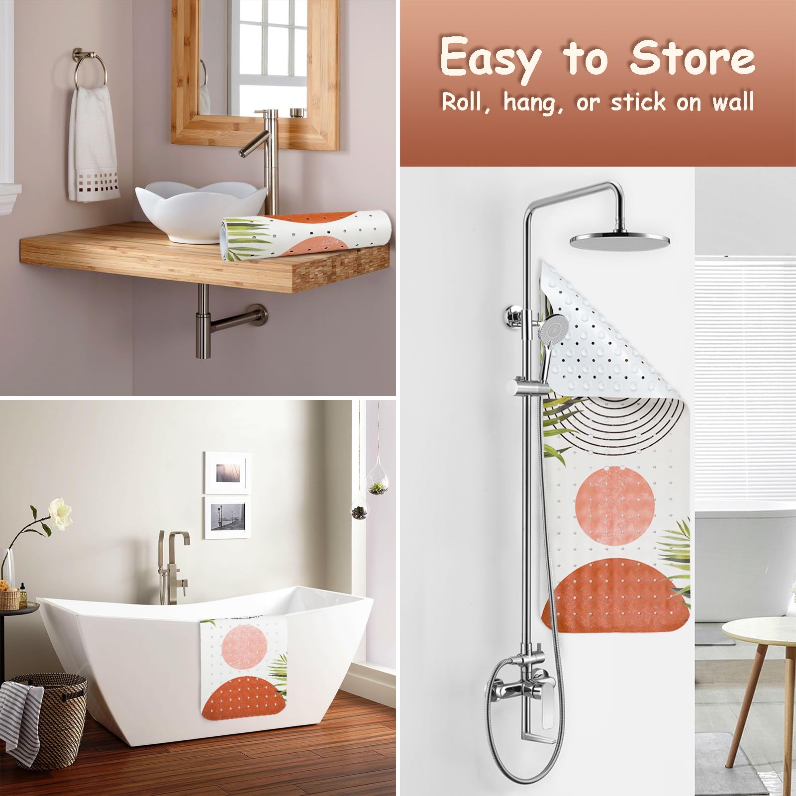 Bathtub Mat Non Slip, Bohemia Extra Long Bath Tub Mat Shower Floor Mat With Suction Cups And Drain Holes For Adults Kids Elderly