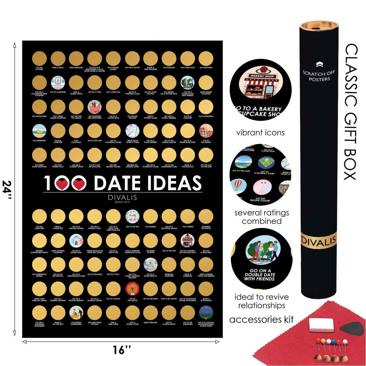 100 Dates Scratch Off Bucket List Poster - Large Scratching Poster For Adventure Couple - Things To Do Bucket List For Couple -