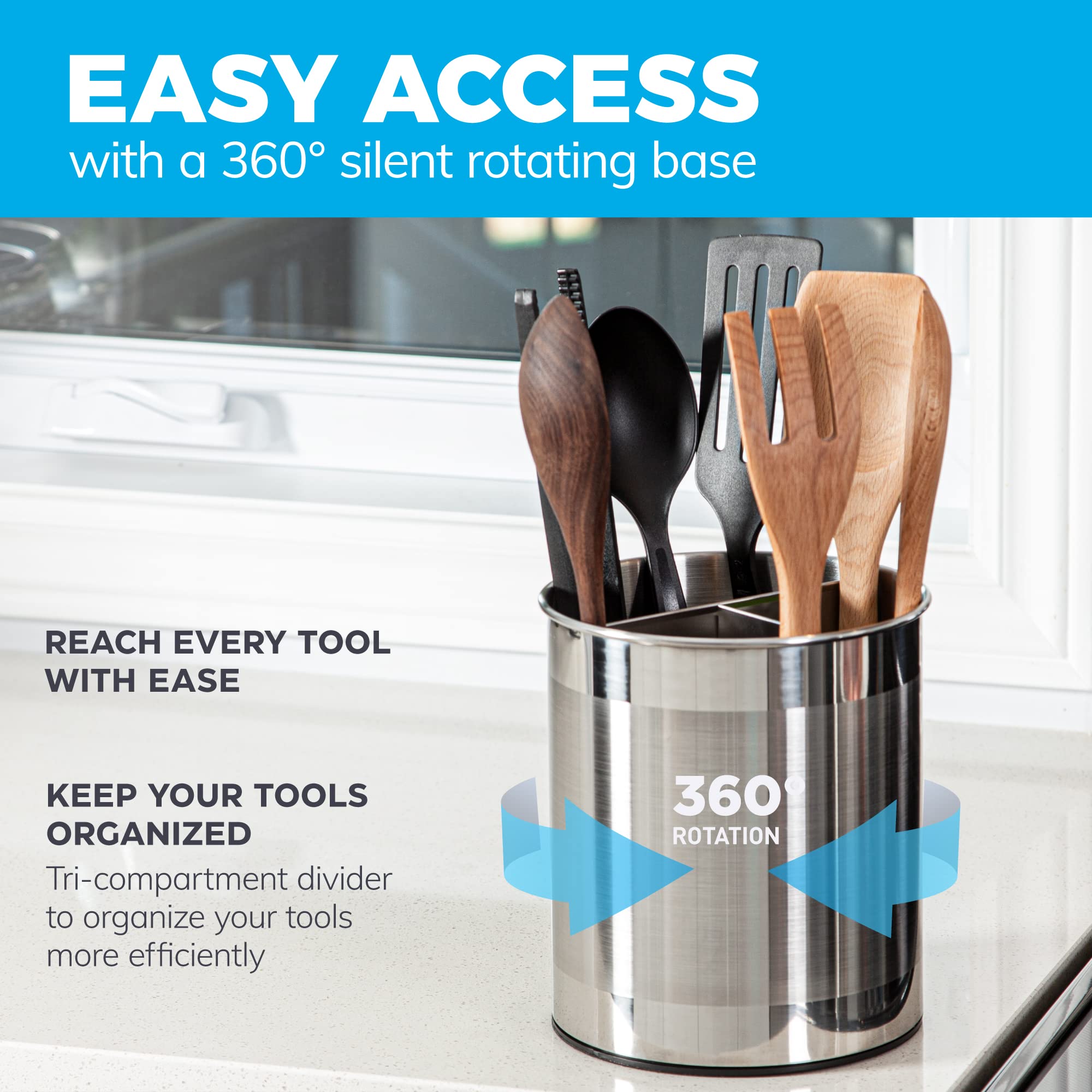 Cooler Kitchen Rotating Extra Large Stainless Steel Utensil Holder Caddy With Sturdy No-Tip Weighted Base, Removable Divider, An