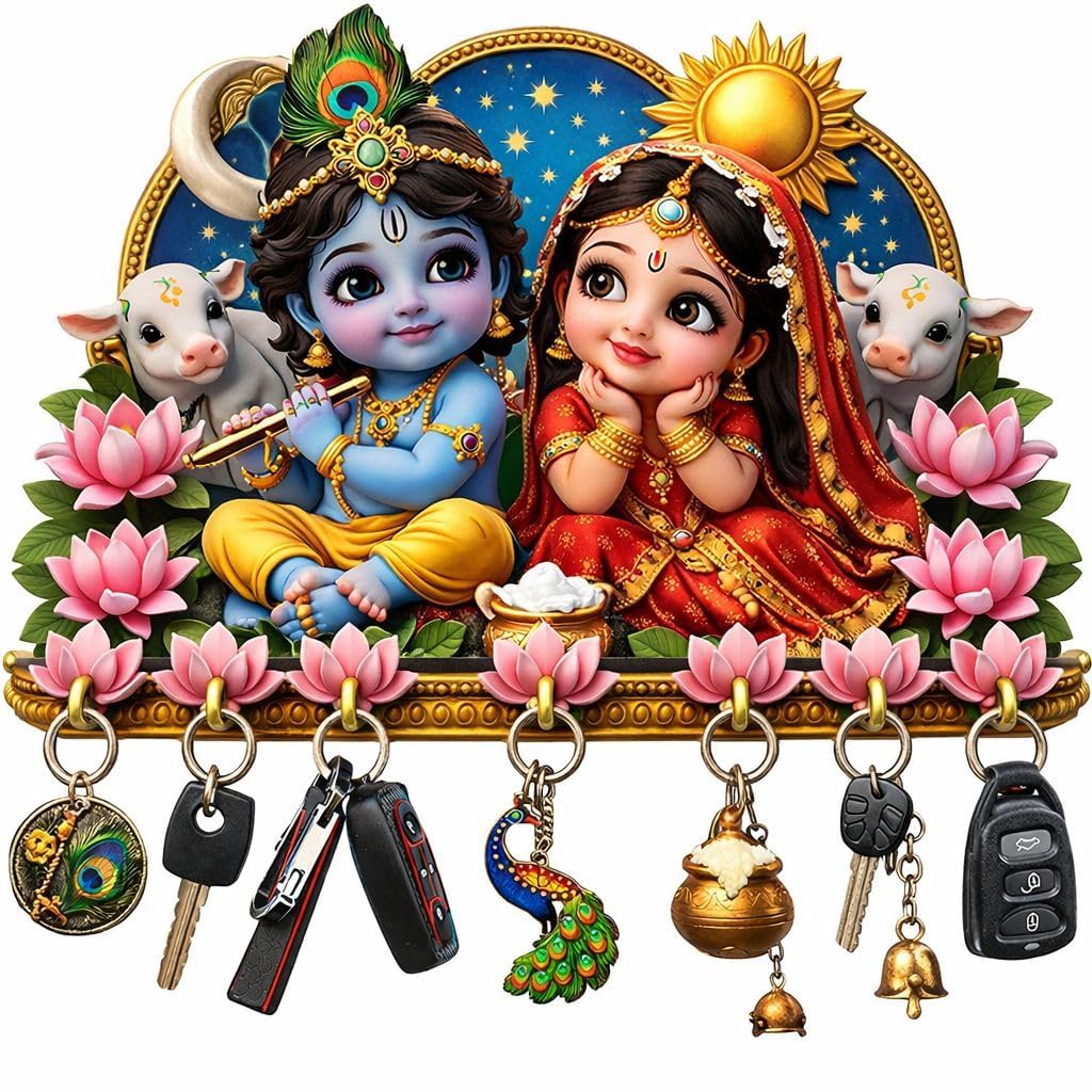 Aaryon collection Radha Krishna Wooden Key Holder  Decorative Wall Mounted Key Chain Holder with 7 Hooks for Home, Temple & Liv