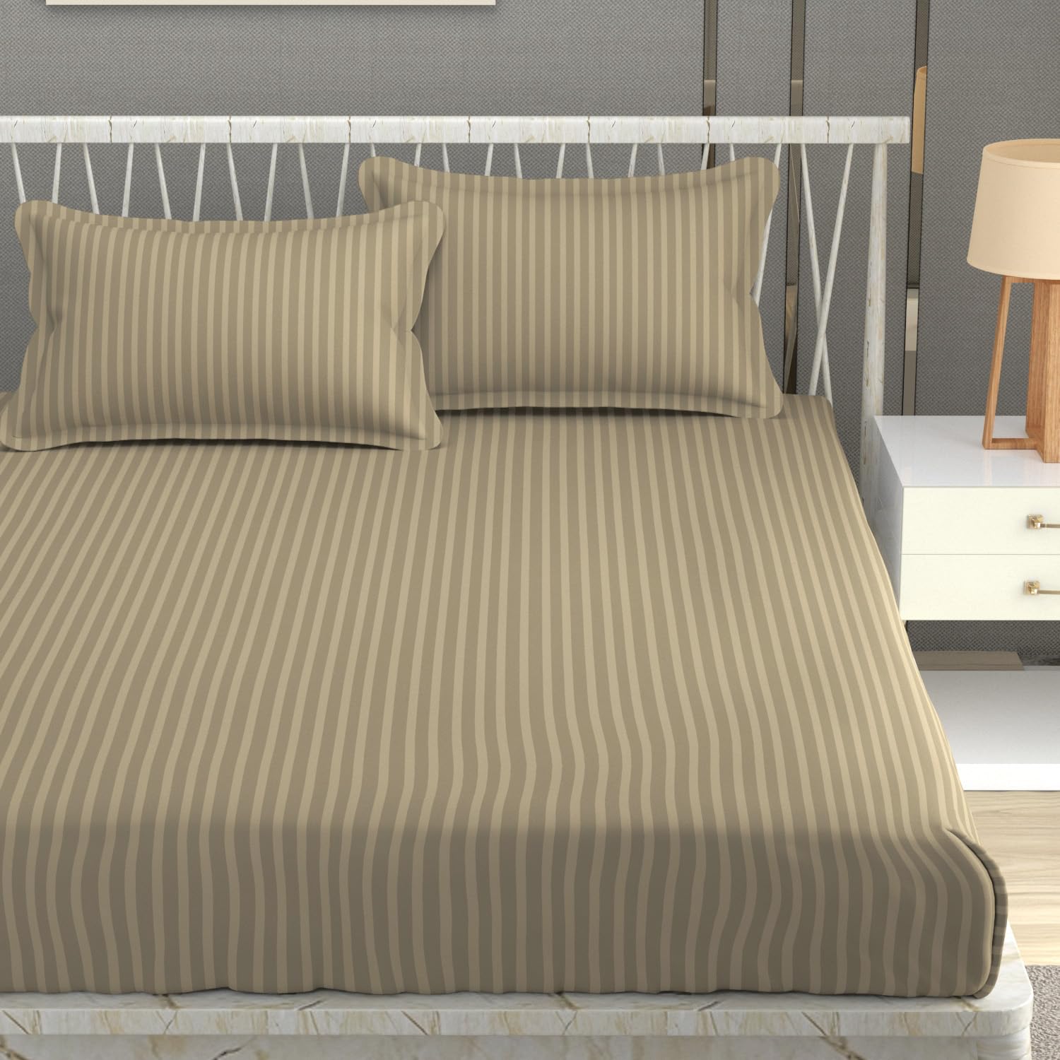 Homefab India 160 Tc Stripe Glace Cotton Double Bedsheet With 2 Pillow Covers - (90X90 Inches) - Beige