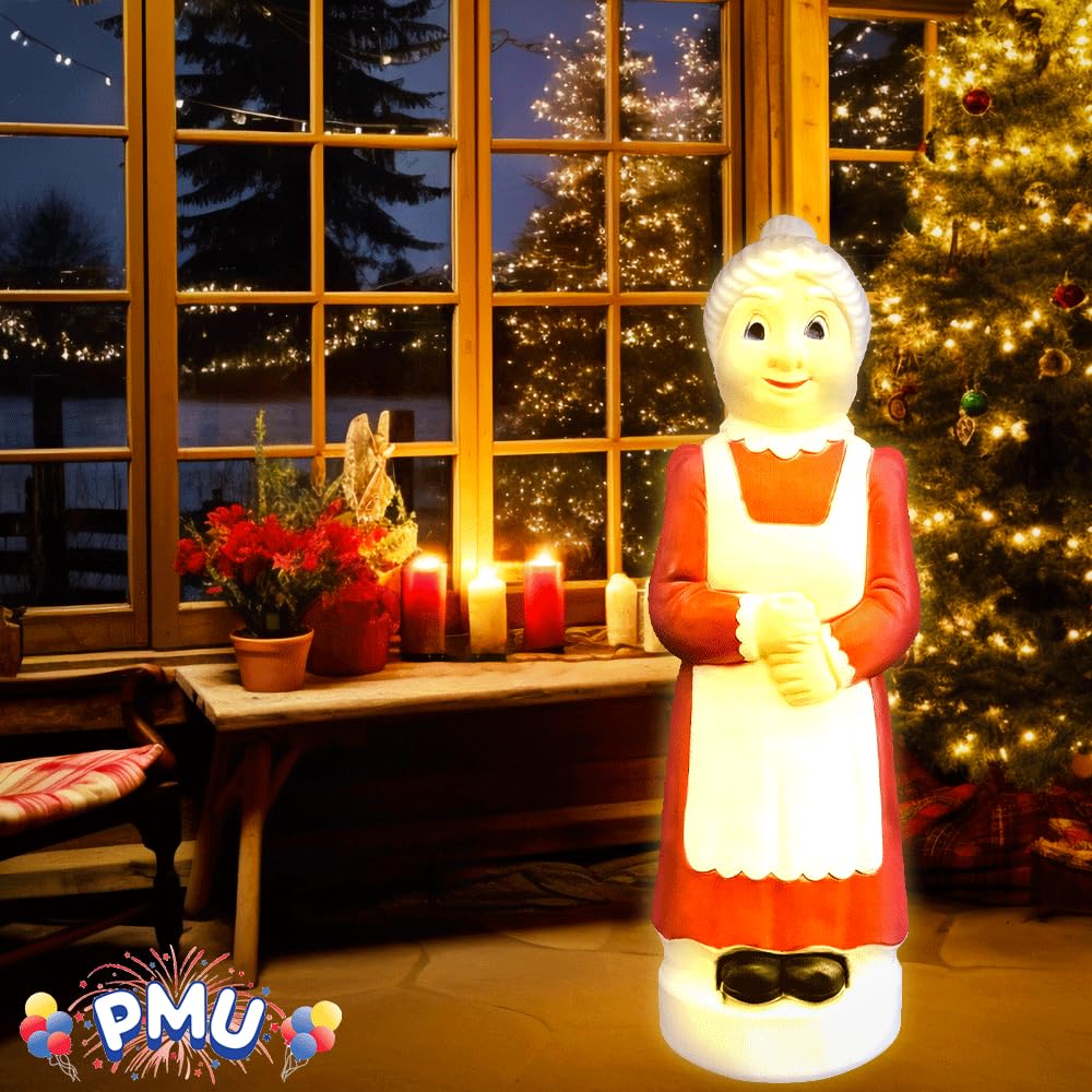 PMU Christmas Light Up Mrs. Claus 40 Inch Large Blow Mold Plastic Statue Illuminated with 6  Cord and Light Traditional Indoor/O