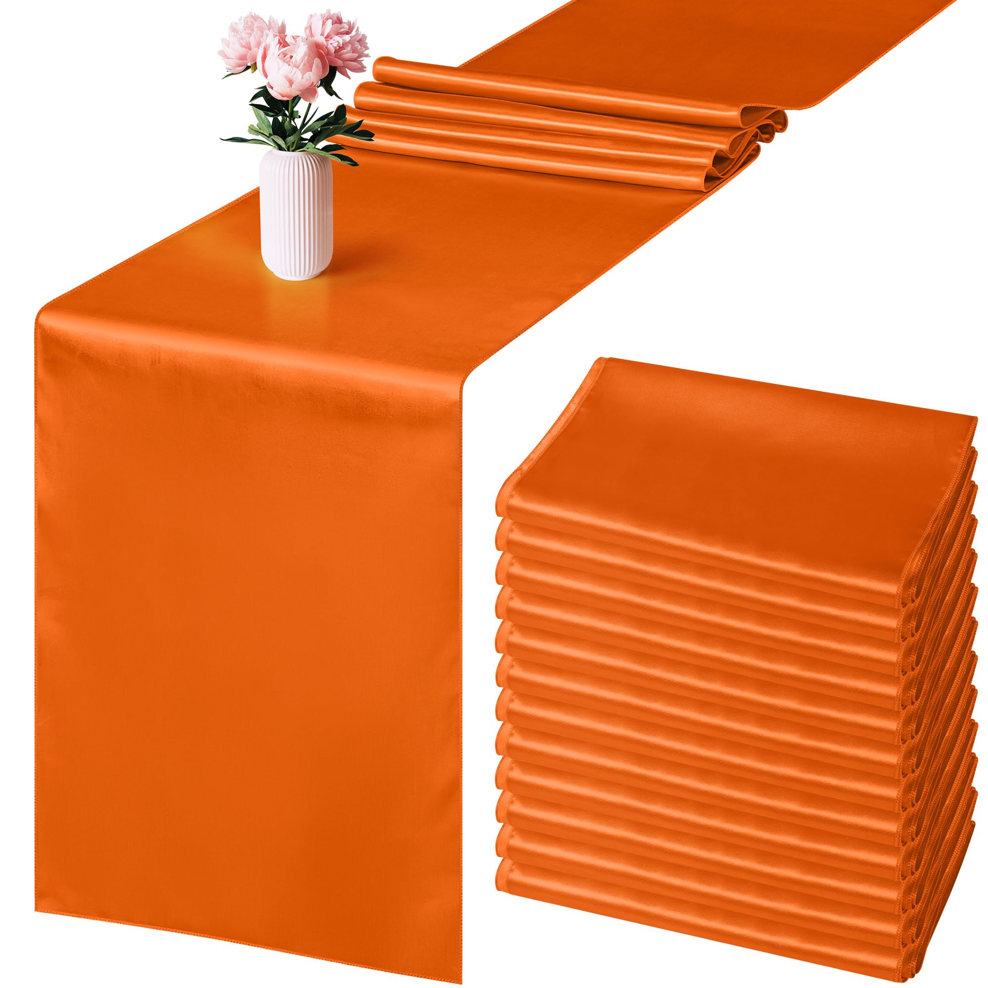 Aneco 12 Pack Satin Table Runner 12 X 108 Inch Orange Long Wedding Satin Silk Table Runner For Wedding Banquet Graduations Birth