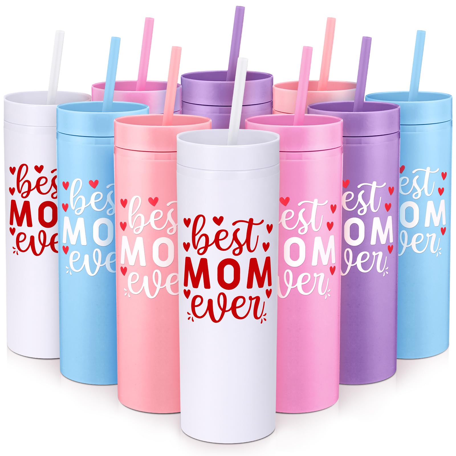 10 Pack Mothers Day Gifts Bulk for Women 16 oz Best Mom Ever Acrylic Tumbler Bulk with Lid and Straw Reusable Plastic Cup Gifts