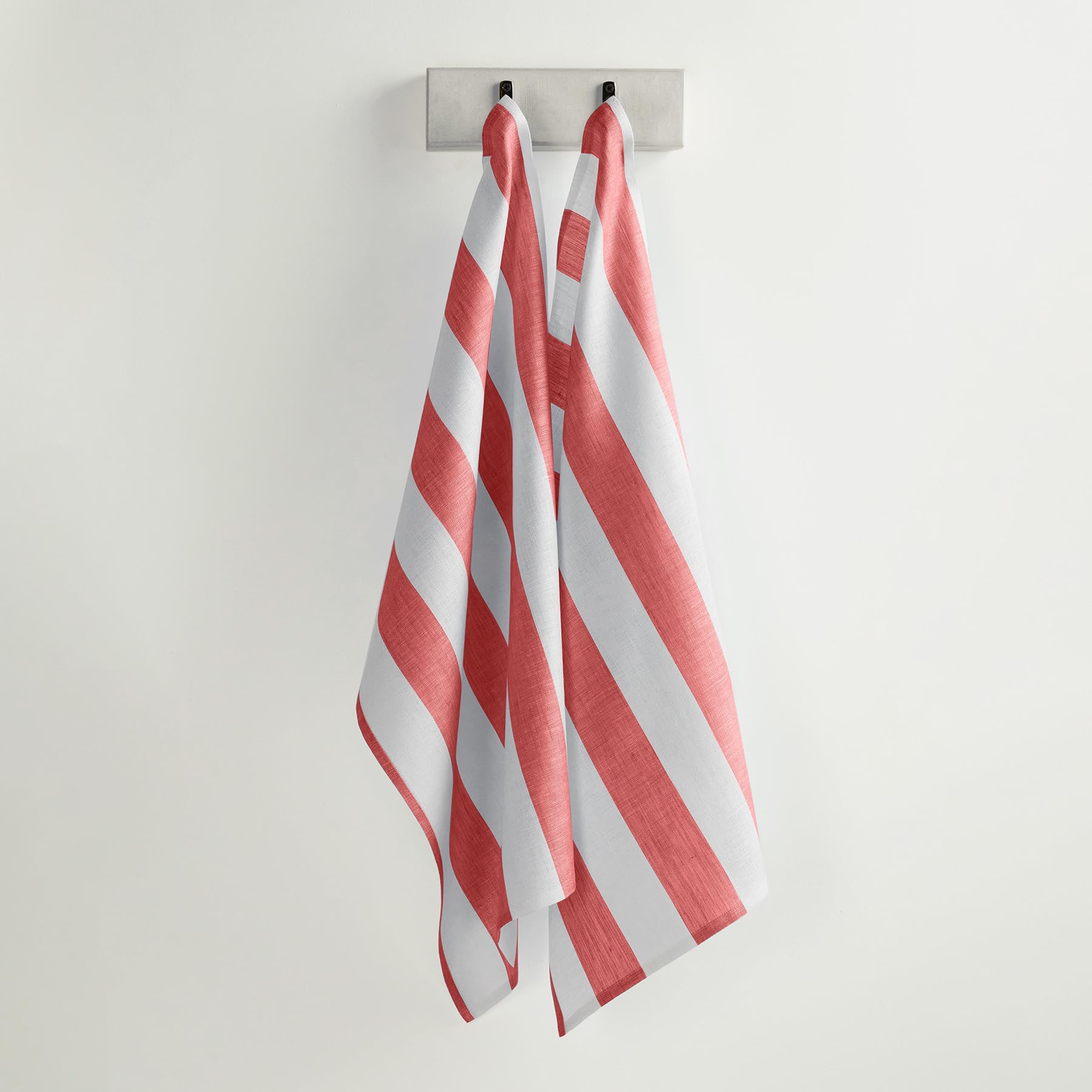 Solino Home Linen Kitchen Towels Set Of 2 - Red And White 17 X 26 Inch - 100% Pure Linen Cabana Stripe Kitchen/Tea Towels - Mach