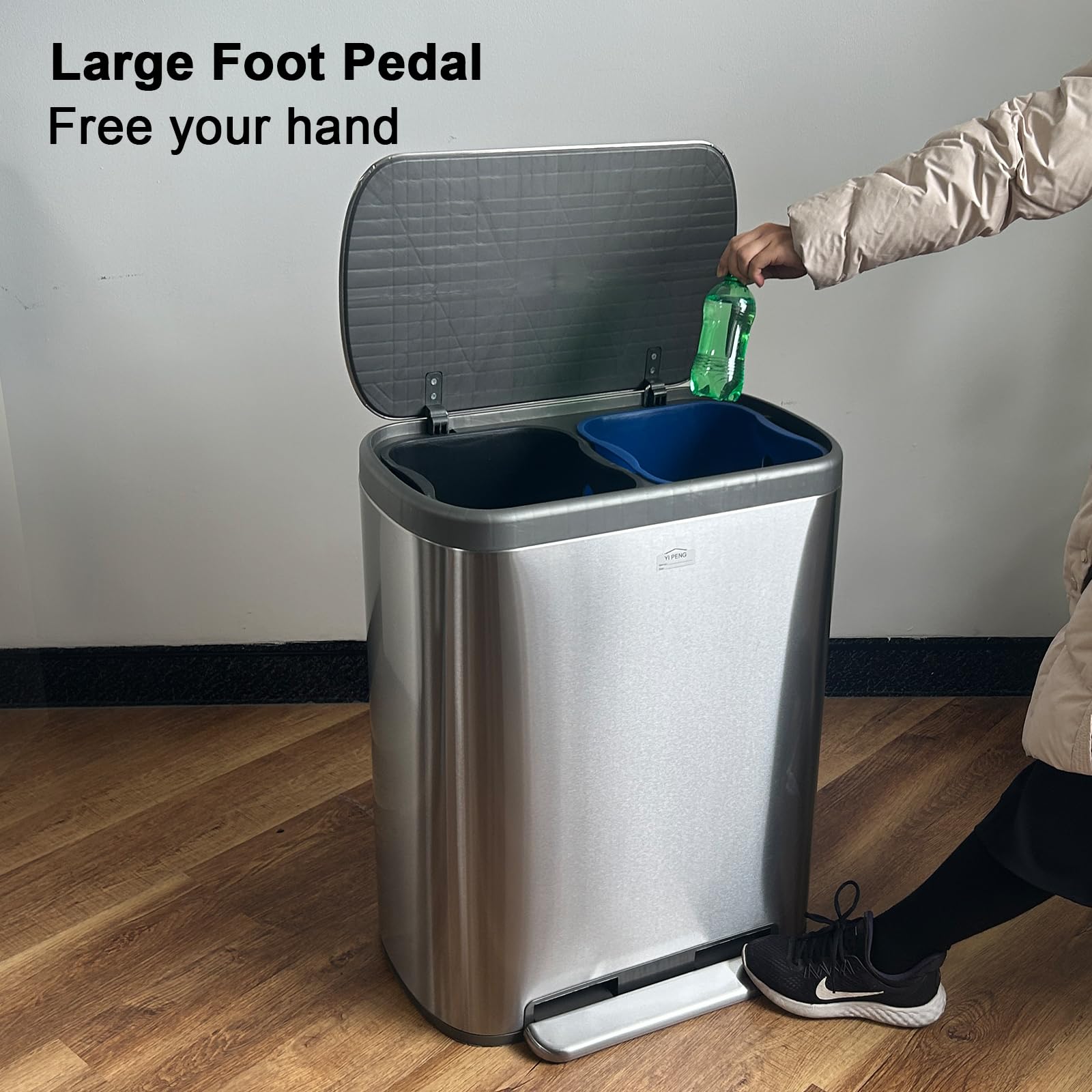 Jm Yipeng 16 Gallon Dual Trash Can,60 Liter Trash Recycle Bin Combo With Soft-Close Lid,2 X 8 Gallons Double Trash Can With With