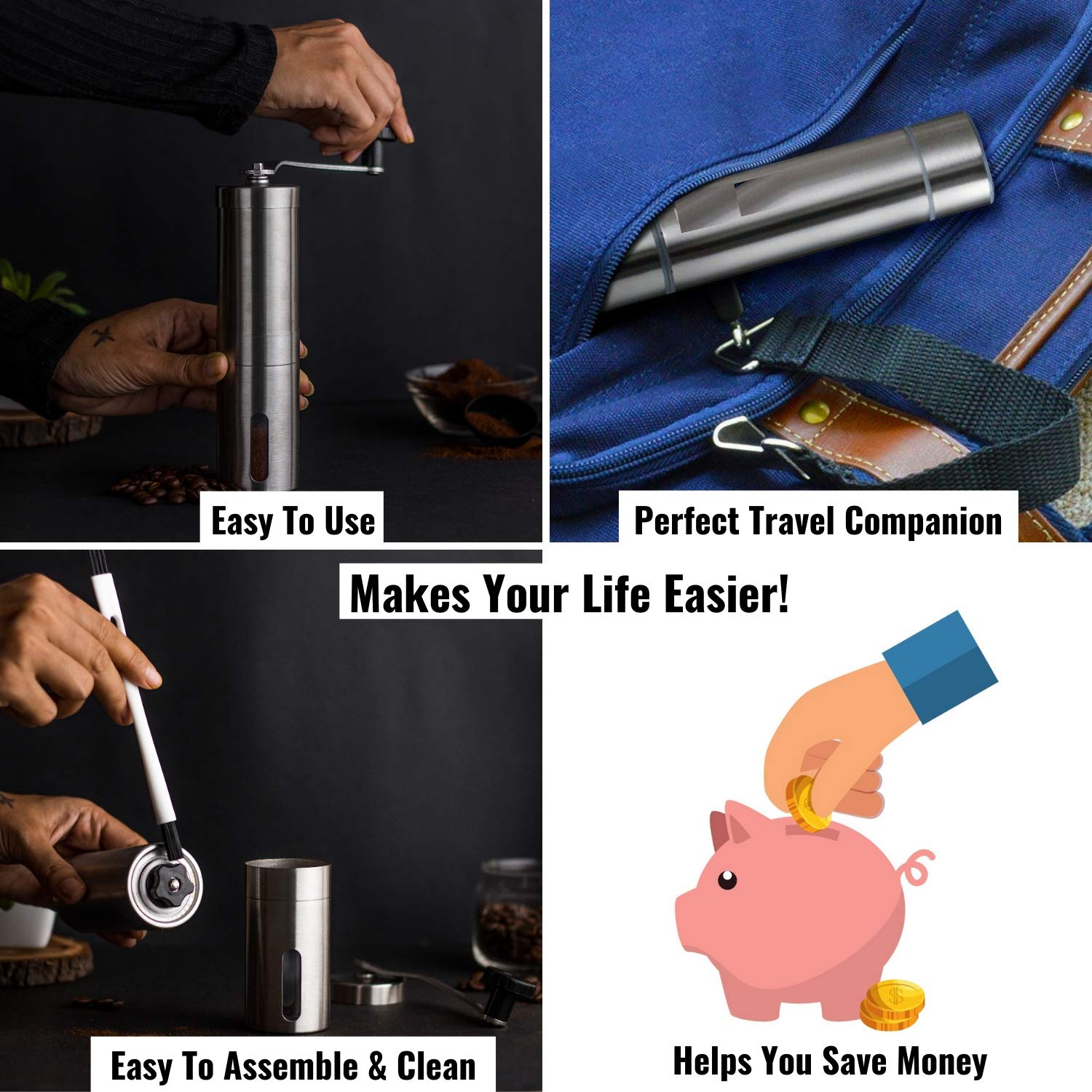 Instacuppa Manual Coffee Grinder With Conical Ceramic Burr Mill And 18 Adjustable Grind Settings For Pour Over, Espresso, French