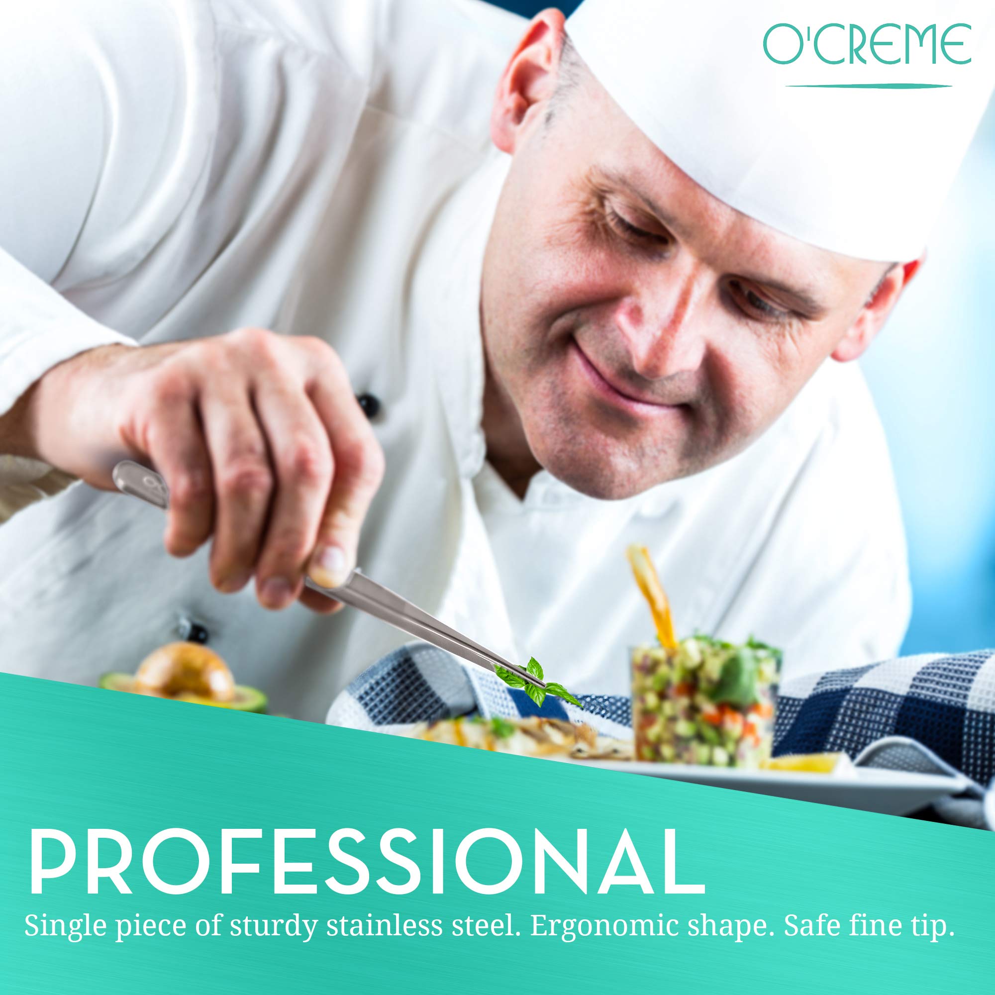 O'Creme Stainless Steel Precision Kitchen Culinary Fine-Tip Tweezer Tongs  1 Curved and 1 Straight