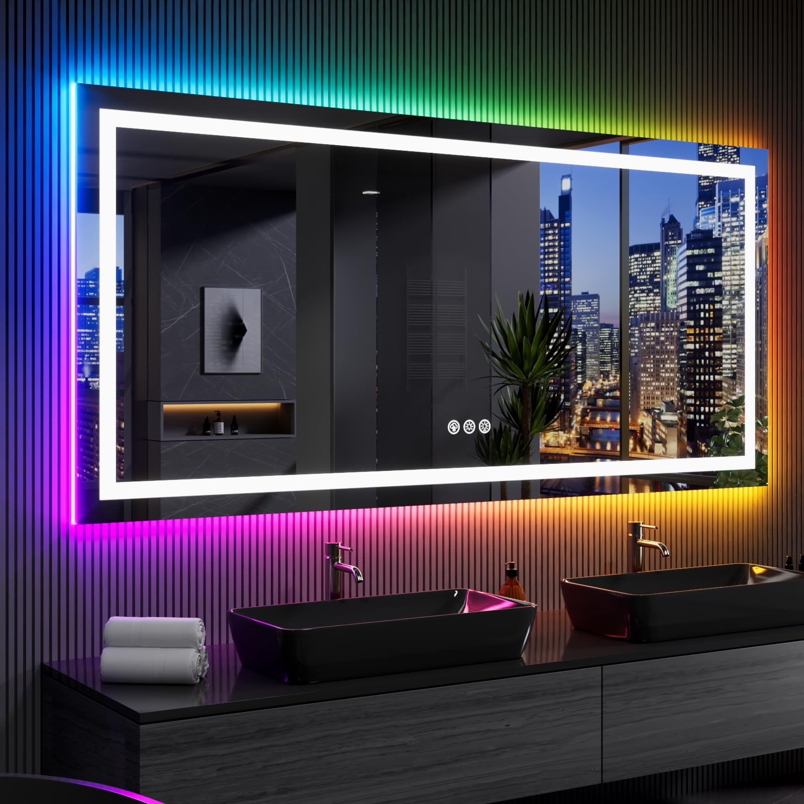 LOAAO 84X32 Inch RGB LED Bathroom Mirror with Lights  Anti-Fog  Dimmable Lighted Bathroom Vanity Mirror  Colorful Multiple Light Modes  RGB Backlit + Front Light  Memory Function  Tempered Glass