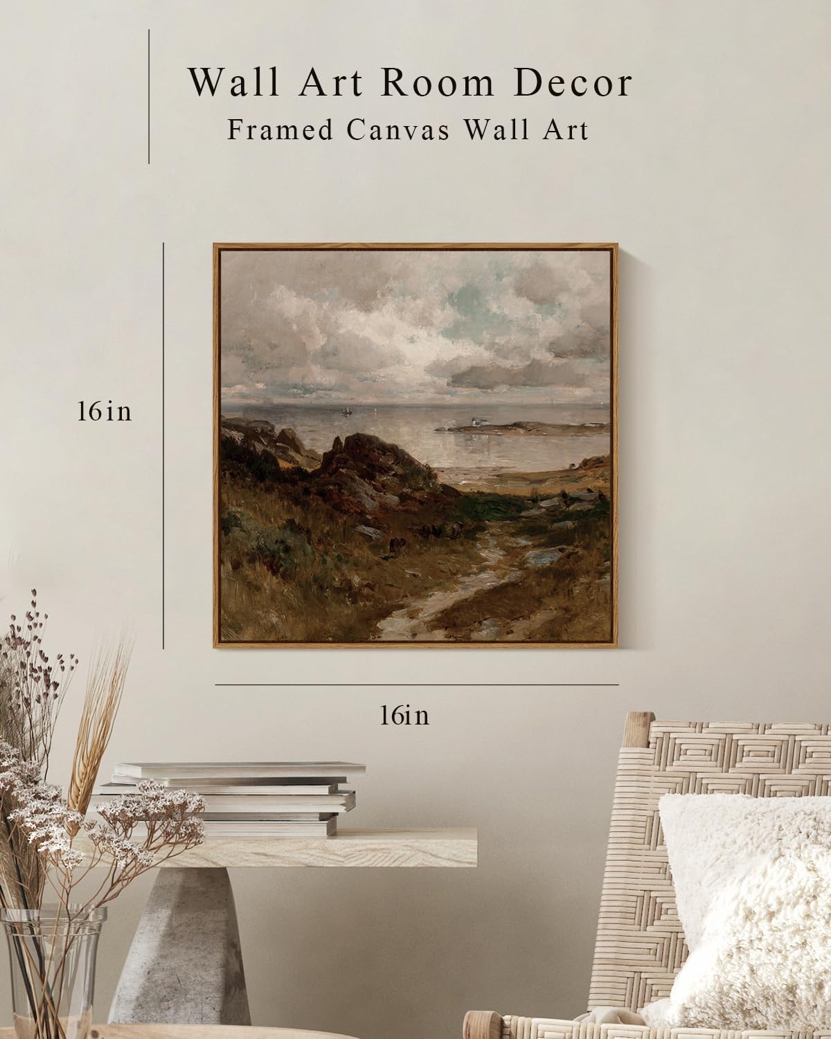 Insimsea Square Framed Canvas Wall Art, Retro Landscape Seaside Path Wilderness Wall Decor, Farmhouse Canvas Paintings For Home