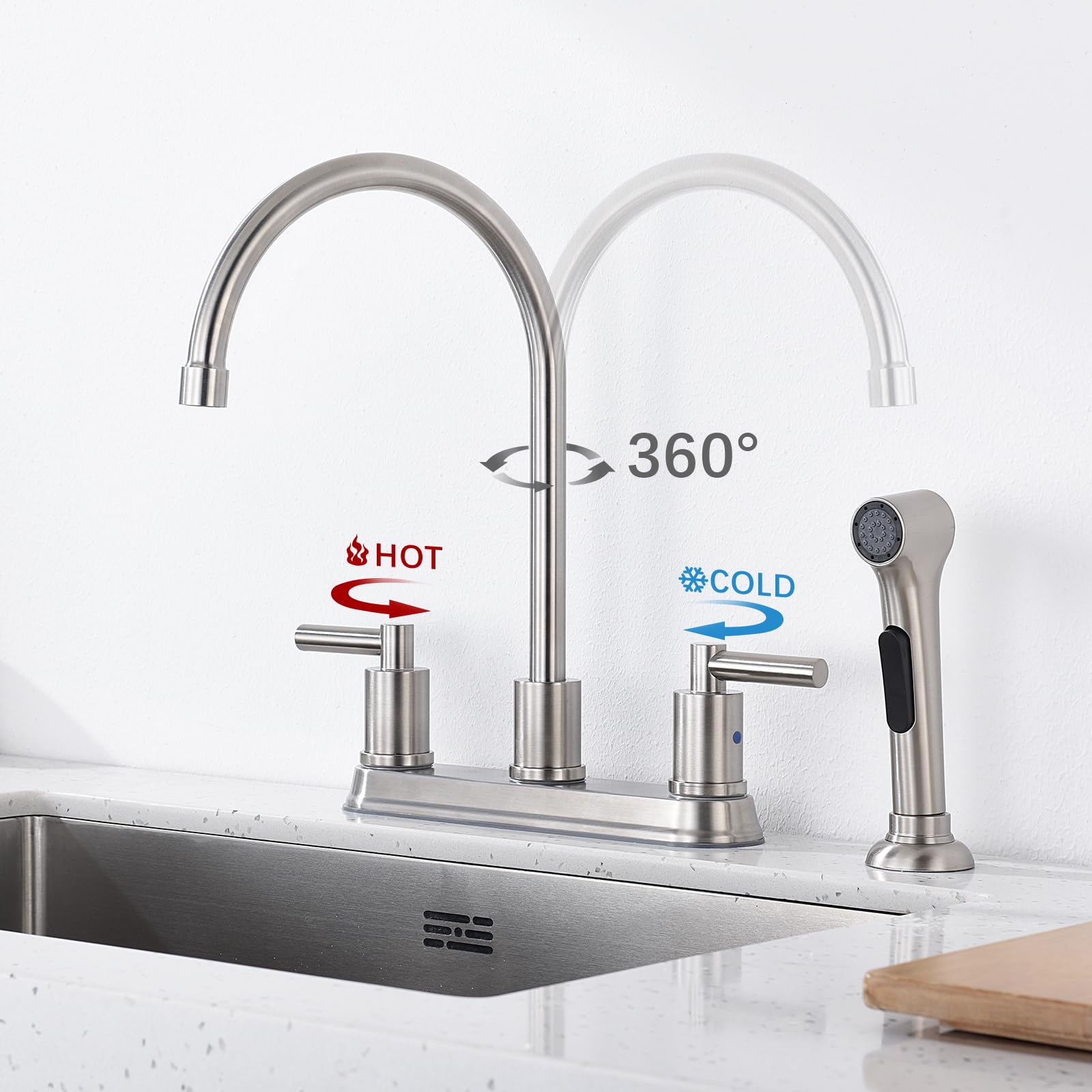 Arrisea 2 Handle Kitchen Sink Faucet With Side Sprayer, Two Handle 4 Holes 8 Inch Centerset Kitchen Faucets With 24 Inch Pull-Ou