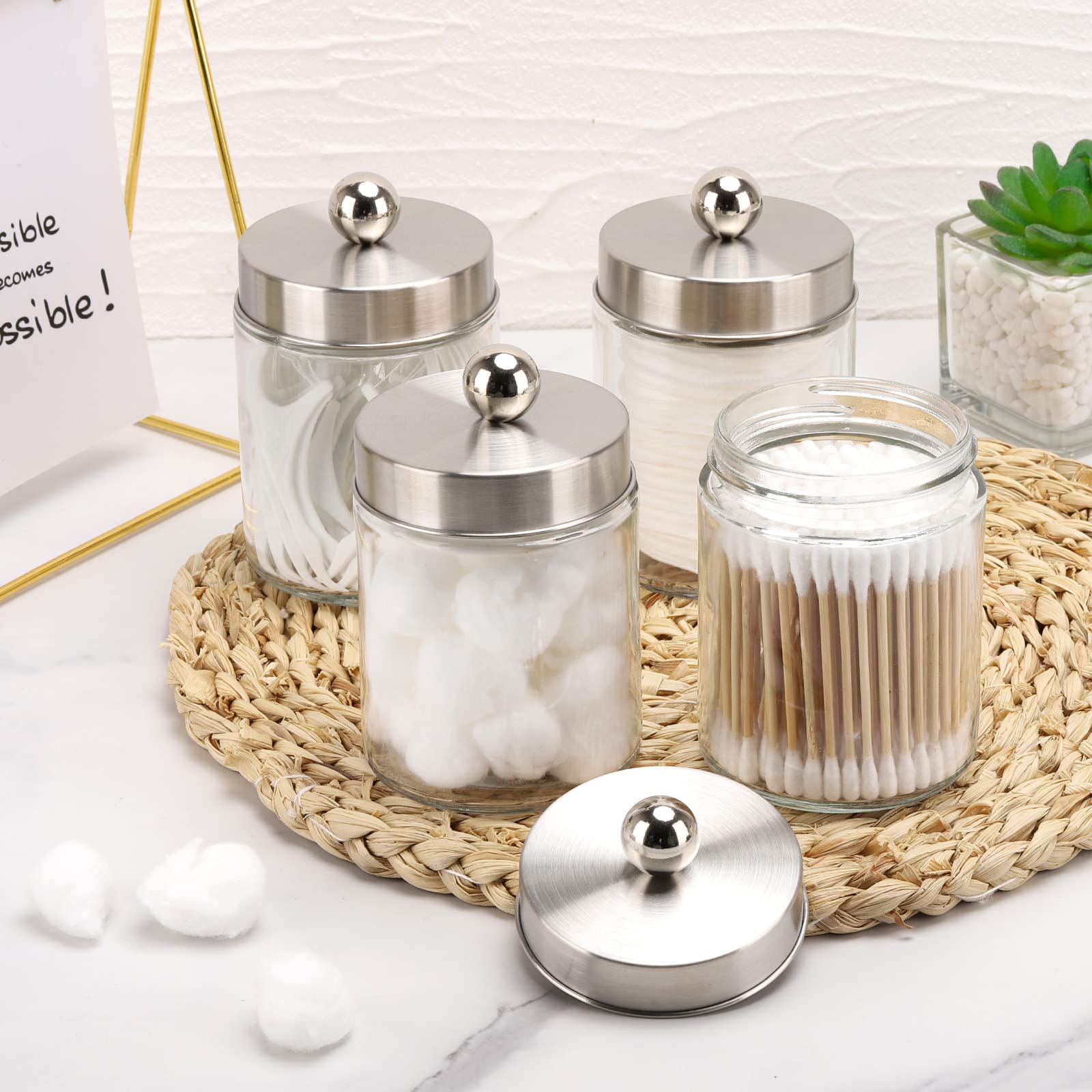 Tbestmax Glass Qtip Holder Dispenser  10-Ounce Bathroom Containers Apothecary Jars with Metal Lids for Cotton Ball Swab Pad (4 Pack)